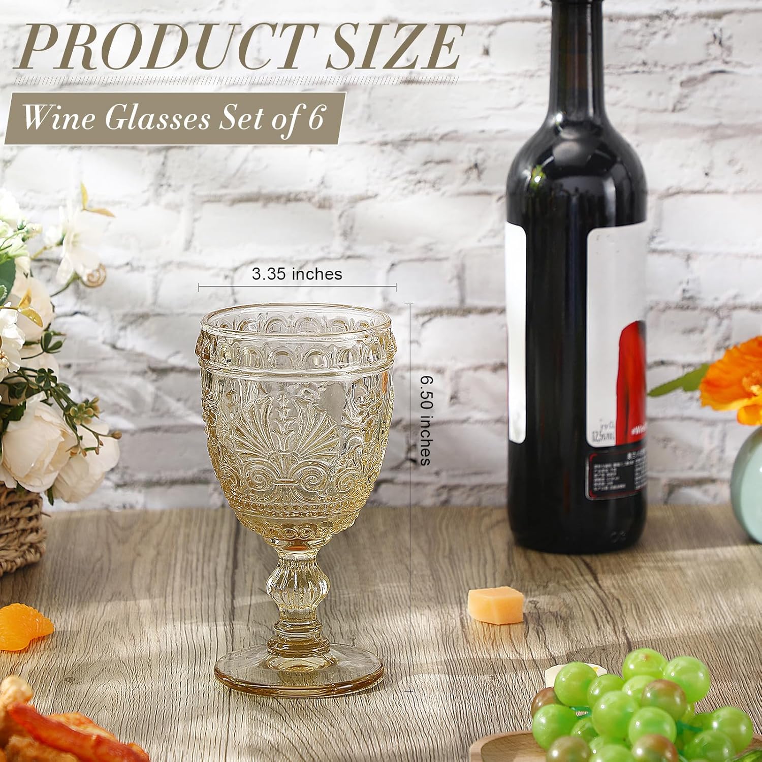 6 Pcs Goblet Glasses 10 oz Wine Glasses, Drinking Glasses Colored Retro Embossed Water Goblets For Wine Juice Baby Shower Wedding Reception Grand Event Party, Dishwasher Safe(Amber)