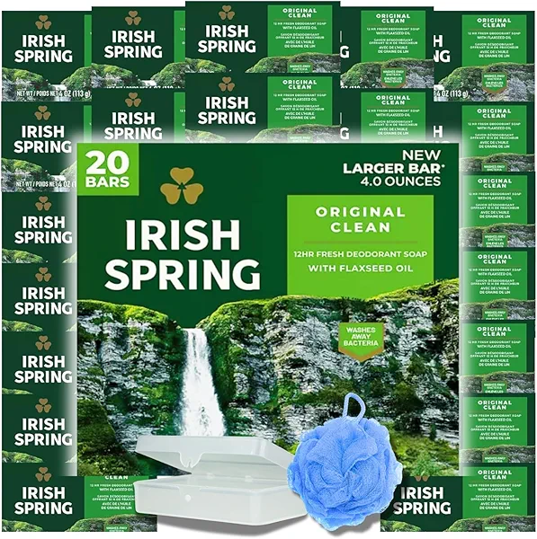 Irish Spring Bar Soap (20 PACK) Original Clean - Includes Bar Soap Holder & Loofah - Large 4 OZ Soap Bars, Original Clean Body Soap, Mens Bar Soap w/Soap Bar Holder & Loofah Sponge