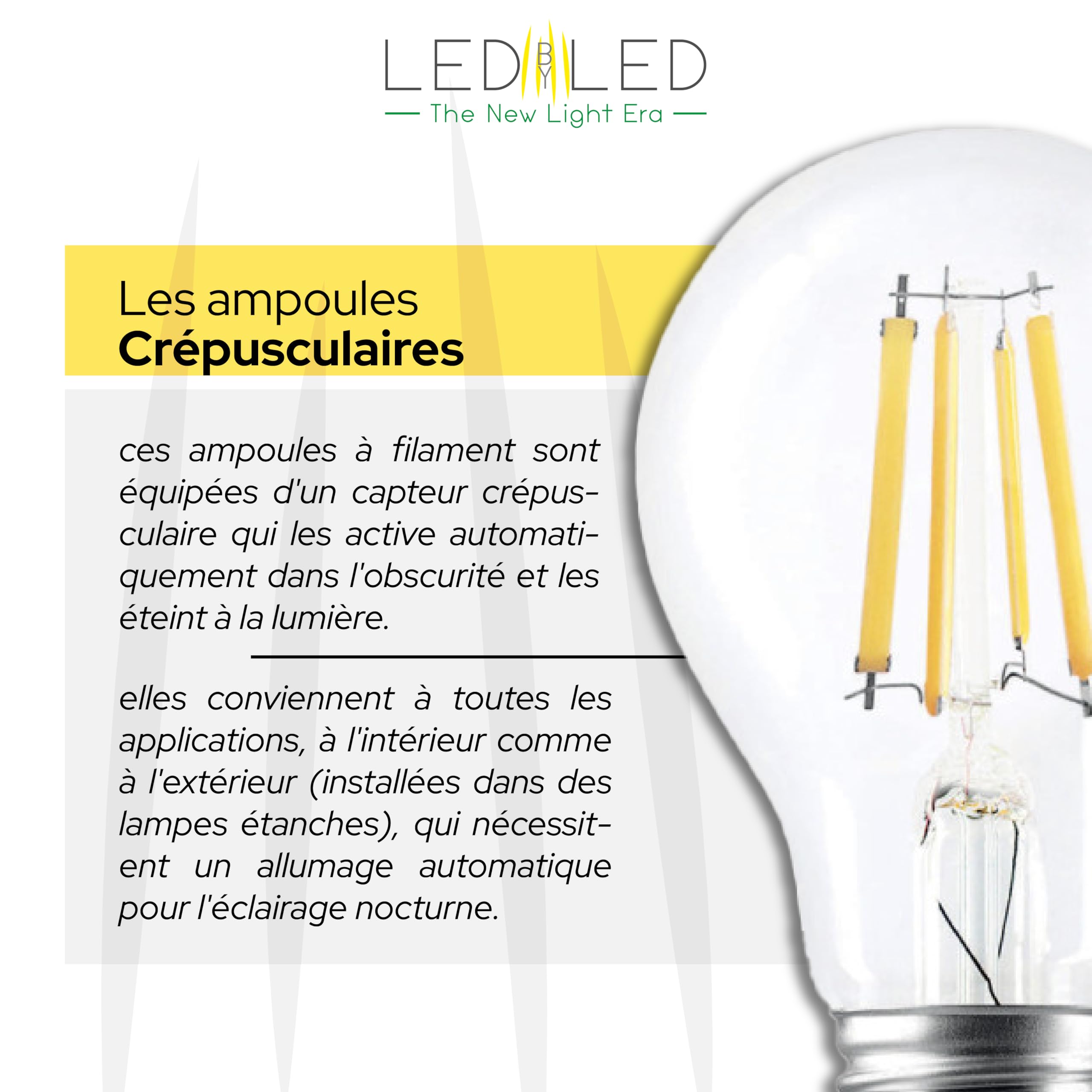 Ampoule Smart Goccia A60 7W, E27, verre transparent, capteur crépusculaire, 2700K lumière chaude, filament LED droit, 806 lumens, lot de 10 pièces