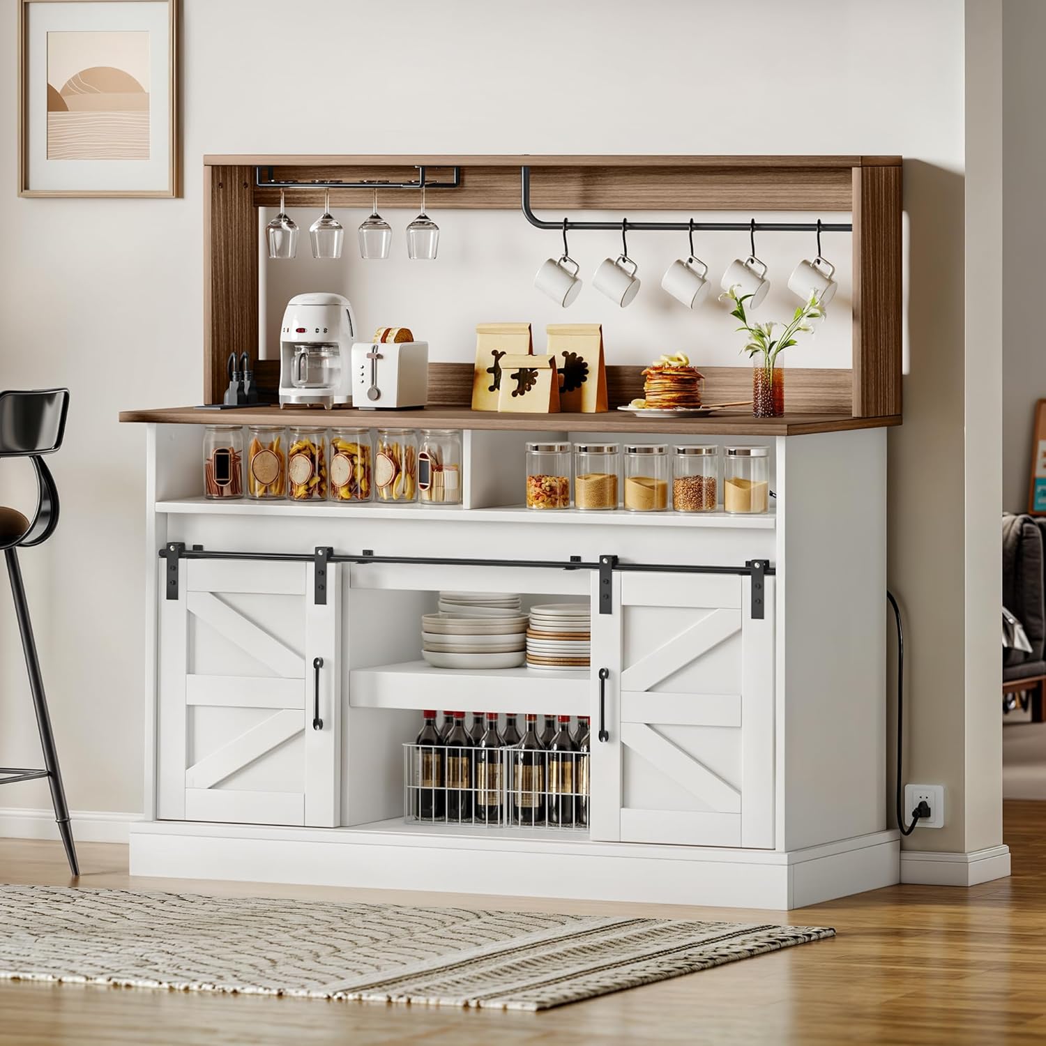 DWVO Farmhouse Buffet Cabinets, 52" Coffee Bar with Goblet Holder & Power Outlet, Sliding Barn Door Sideboard Cabinet for Kitchen & Living Room Storage (White)