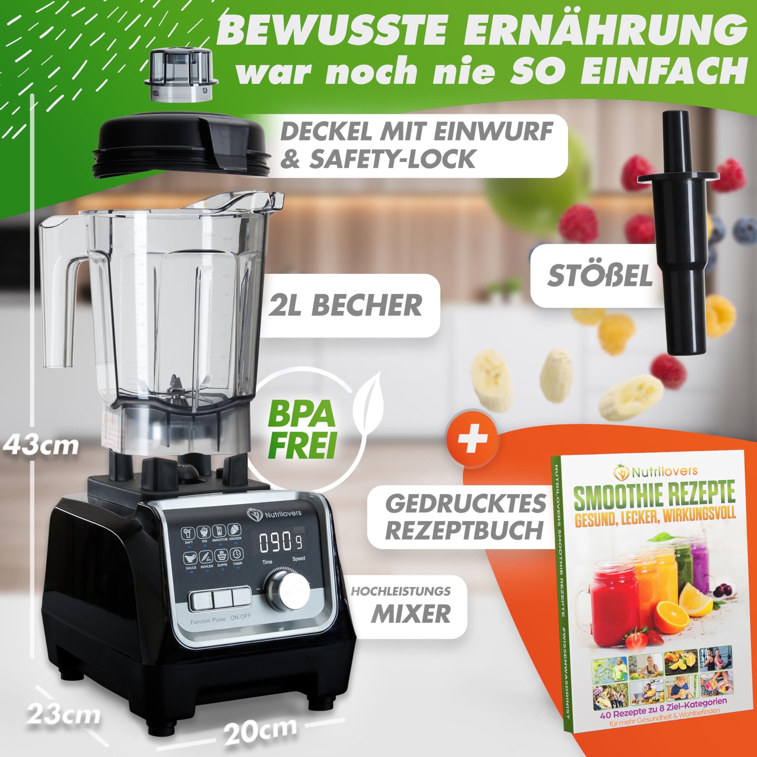 NUTRI-BLENDER MAX+ Mélangeur haute performance 2000 W, professionnel - 2 L, Tritan, sans BPA, 9 niveaux, minuterie numérique avec livre de recettes