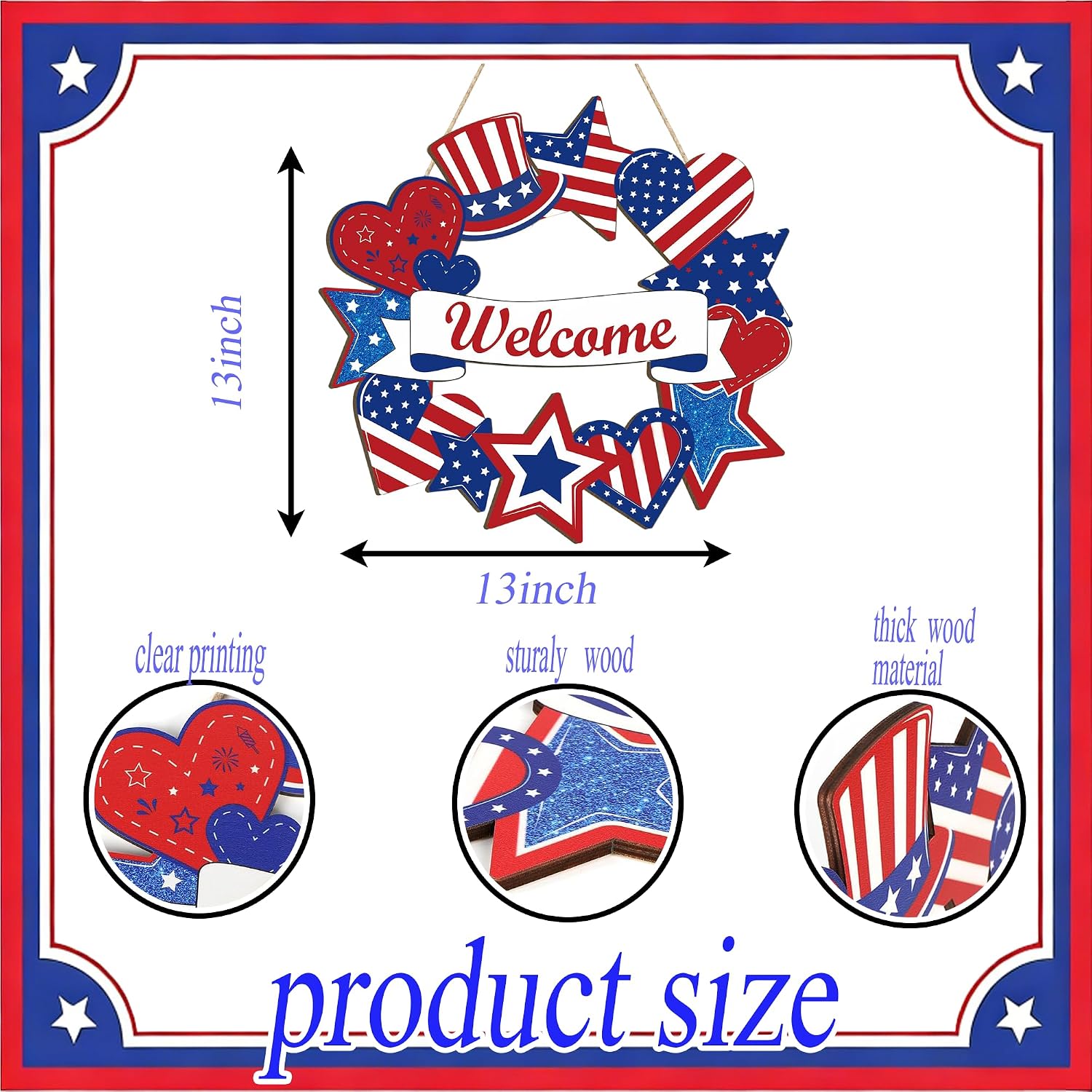 4th of July Wreath, Vintage Red White Blue Star Welcome Hanging Sign, Patriotic Wreath for Front Door, Indoor Outdoor Farmhouse Home Party Decor, Fourth of July Wreaths for Front Door Holiday Ornament