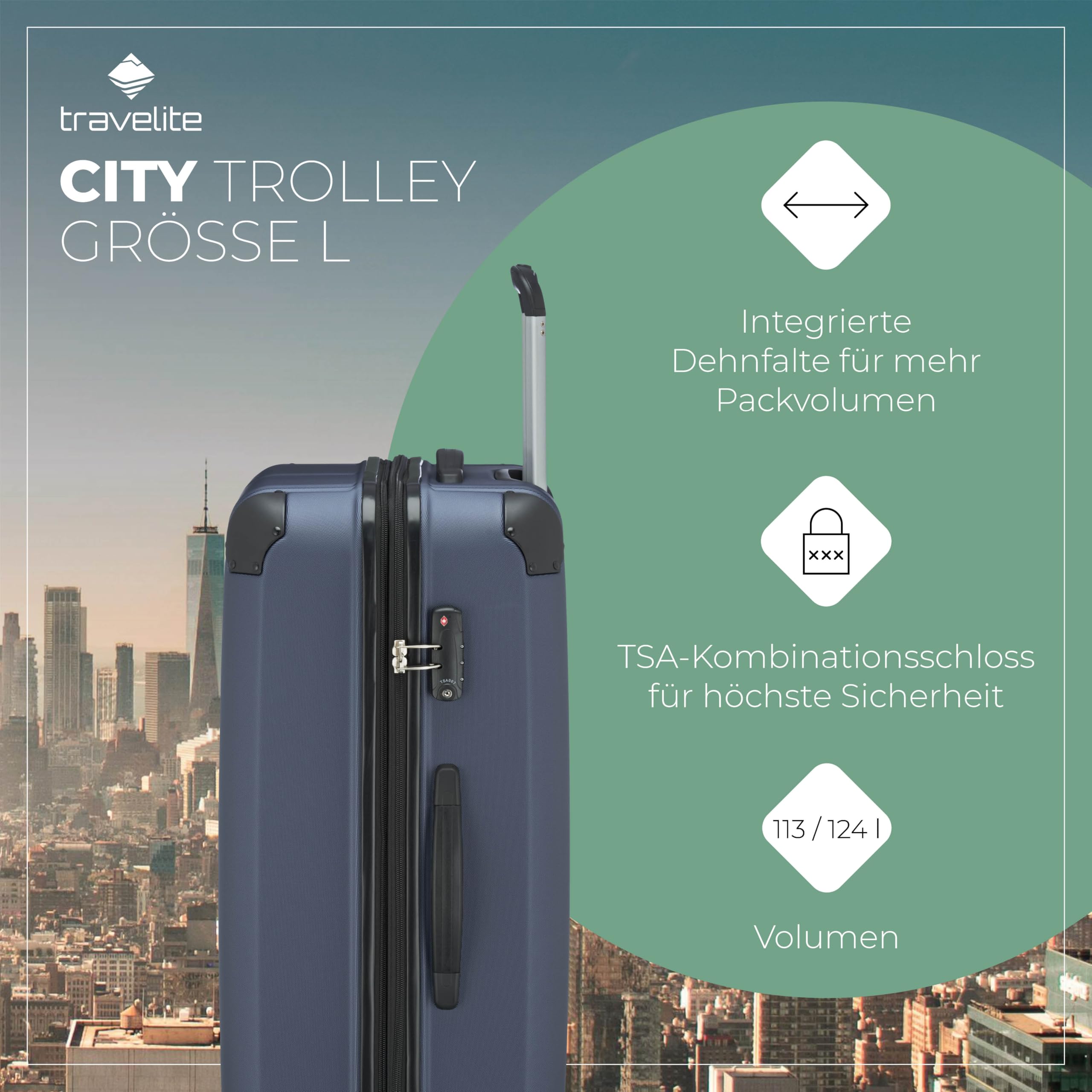 Travelite Hartschalenkoffer groß 77 cm 113-124 Liter Trolley mit TSA Schloss 4 Rollen