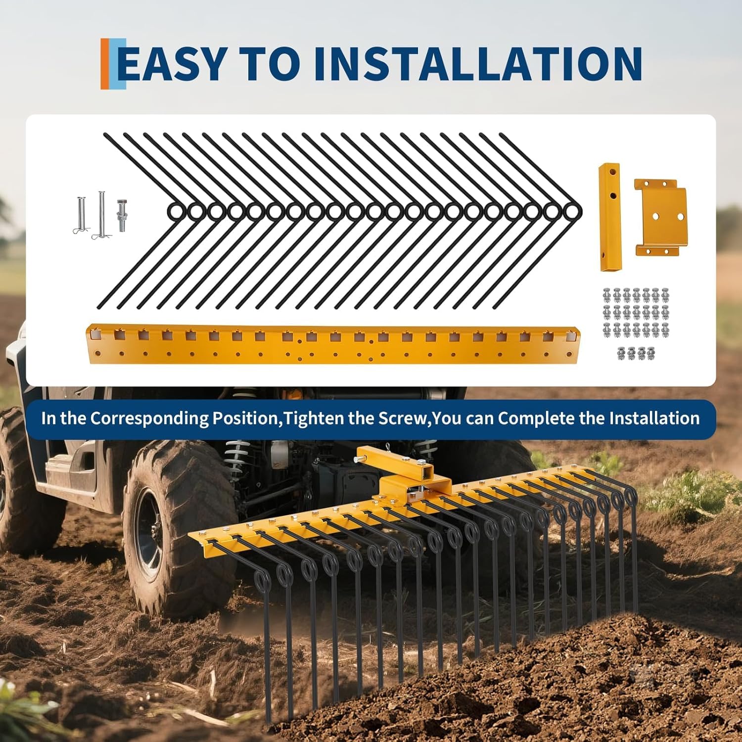 60 in Pine Straw Rake Fits 2" Receiver for ATV, UTV & Lawn Tractor, Heavy Duty Tow Behind Landscape Rake with 21 Powder-Coated Tines for Leaves, Pine Needles, and Grass, Black & Yellow