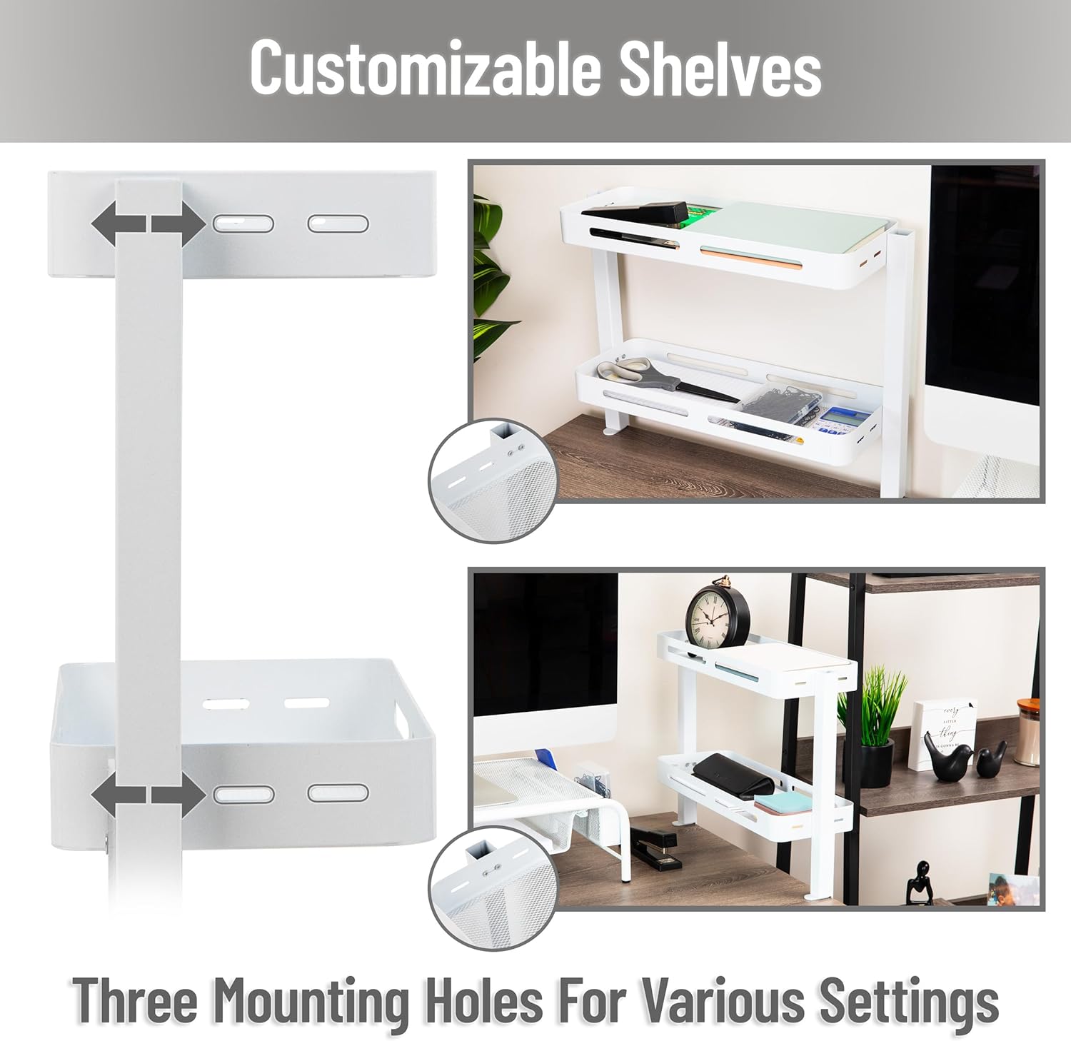 Mind Reader 2-Tier Desk Organizer with Clamp, Accessory Shelf for Office or Gaming, Office, Metal, White