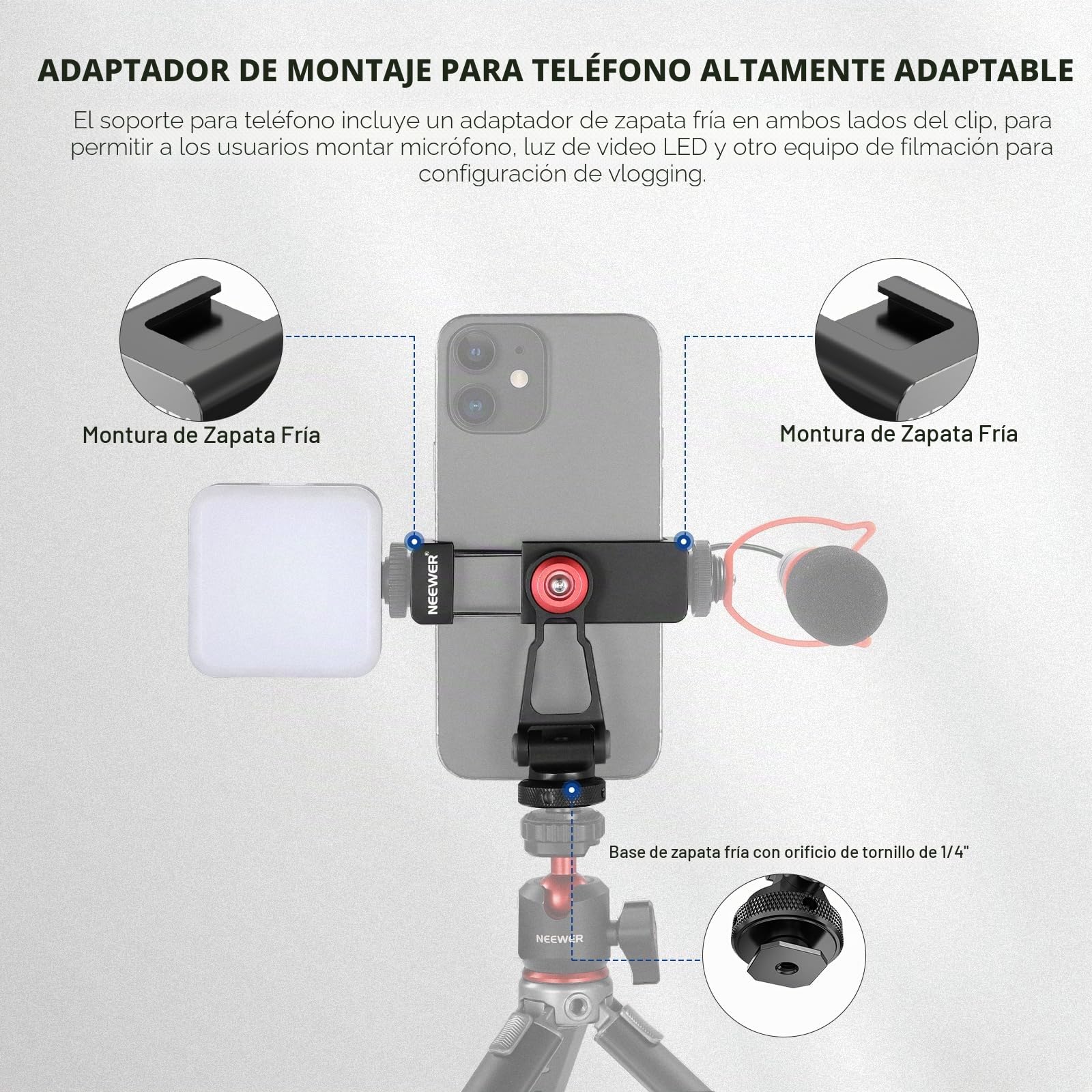 NEEWER Adaptador de Montaje de trípode de Metal para teléfono con Base de Zapata fría, Soporte de teléfono de 360° con 2 Soportes de Zapata fría para luz de Video y micrófono para vlogging, Universal