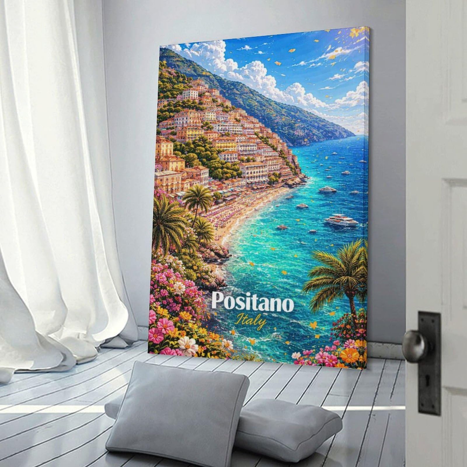 Junmoney Wall Decor Canvas Print Positano Italy Coastal Town, 16x24inch(40x60cm), for Bedroom Walls, Guest Spaces Or Lounges, An Easy Wall Refresh for Bedrooms