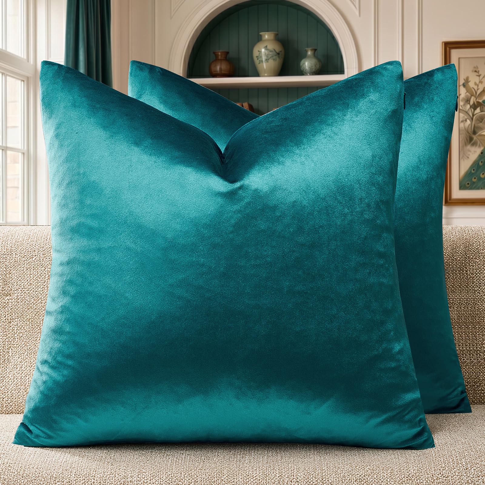 GIGIZAZA Decorative Throw Pillow Covers Sofa Cushions Teal Peacock Green 20x20cm Velvet Cushion Covers — image 1
