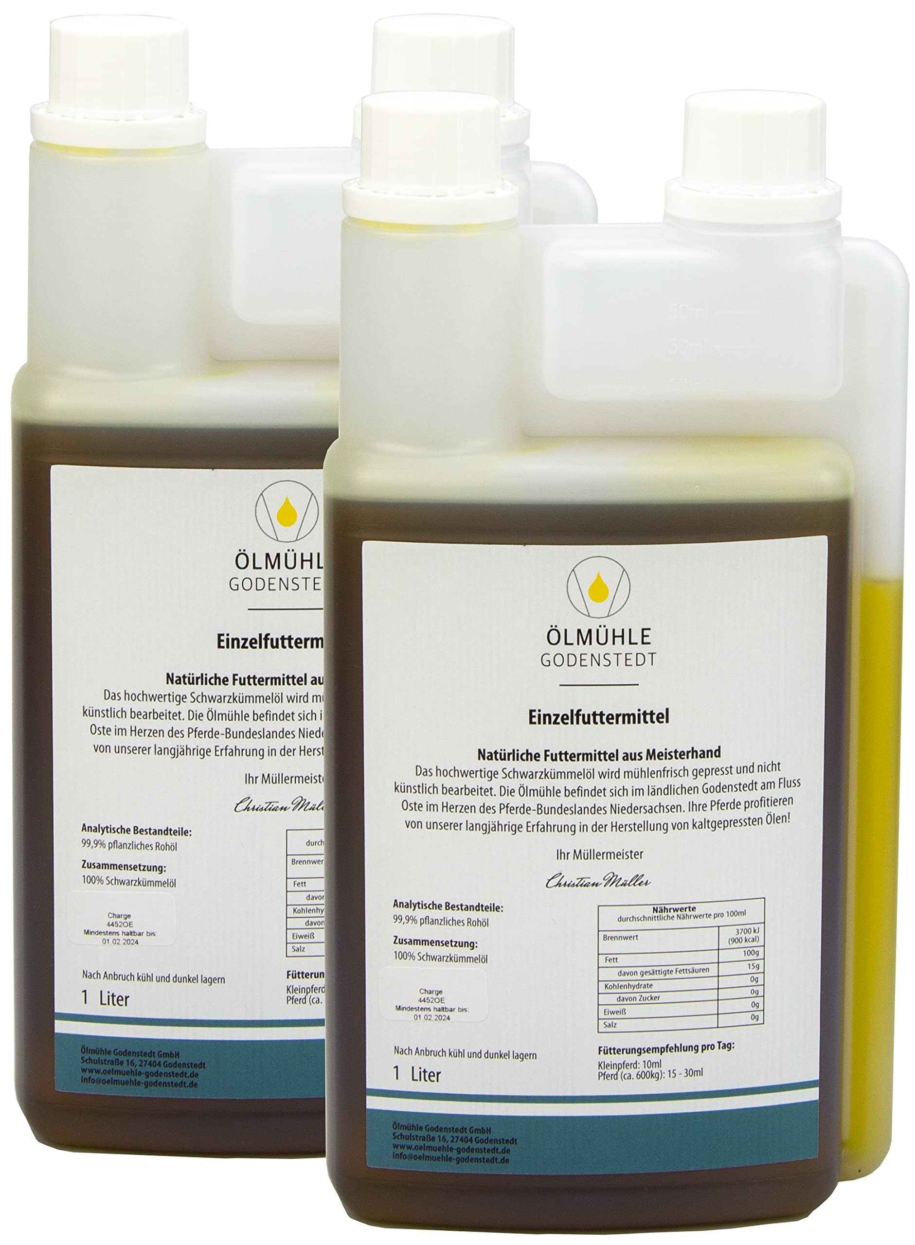 Schwarzkümmelöl für Pferde | 2x1Liter - Zwei Dosierflaschen | frisch gepresst, ohne künstliche Zusätze | mit Öko-Strom in Niedersachsen hergestellt