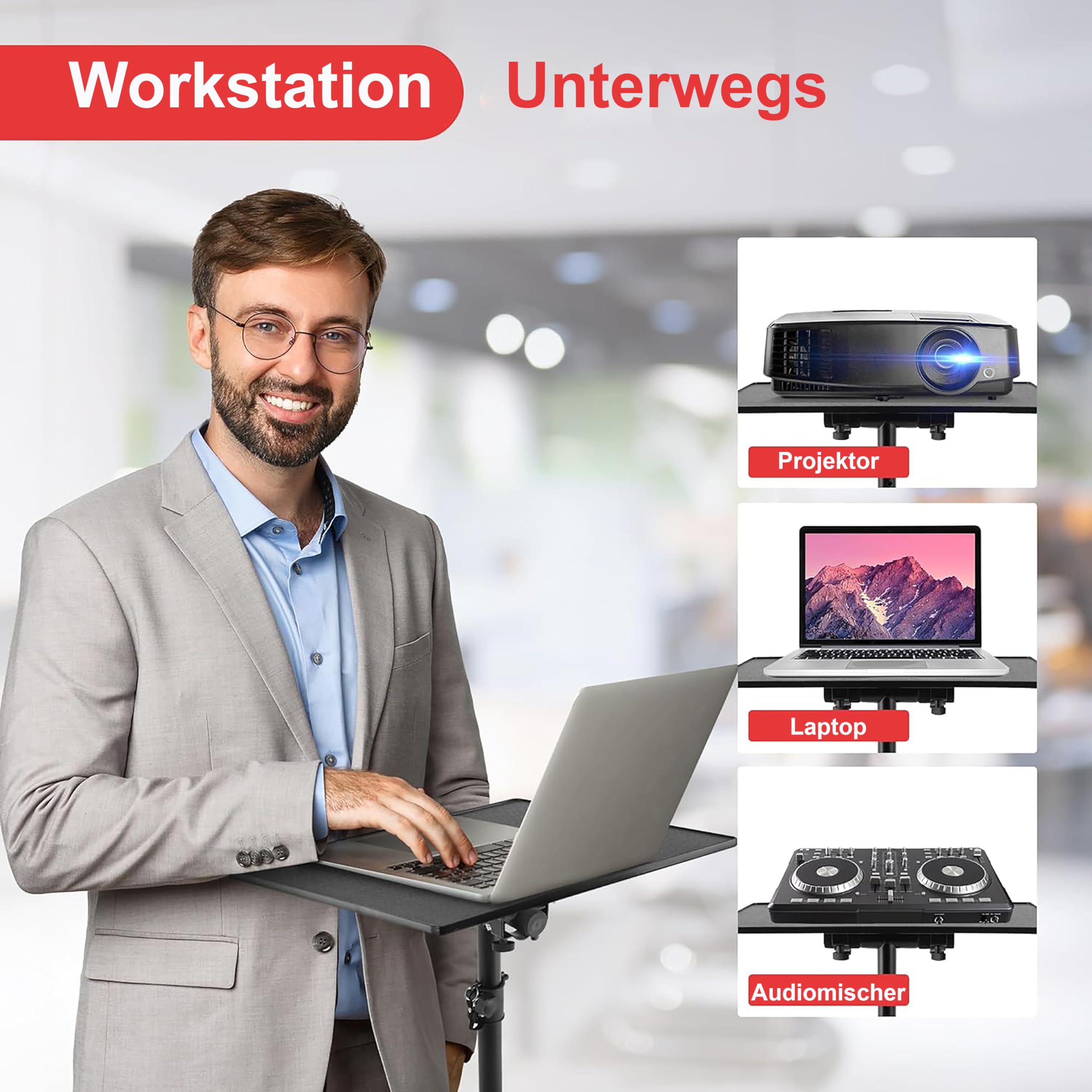 Pyle Laptop Ständer höhenverstellbar – Laptopständer & Projektorständer für Bühne, Büro & Studio, klappbar, robust, 85–125 cm Höhe, für Notebook, Beamer, DJ & Präsentationen