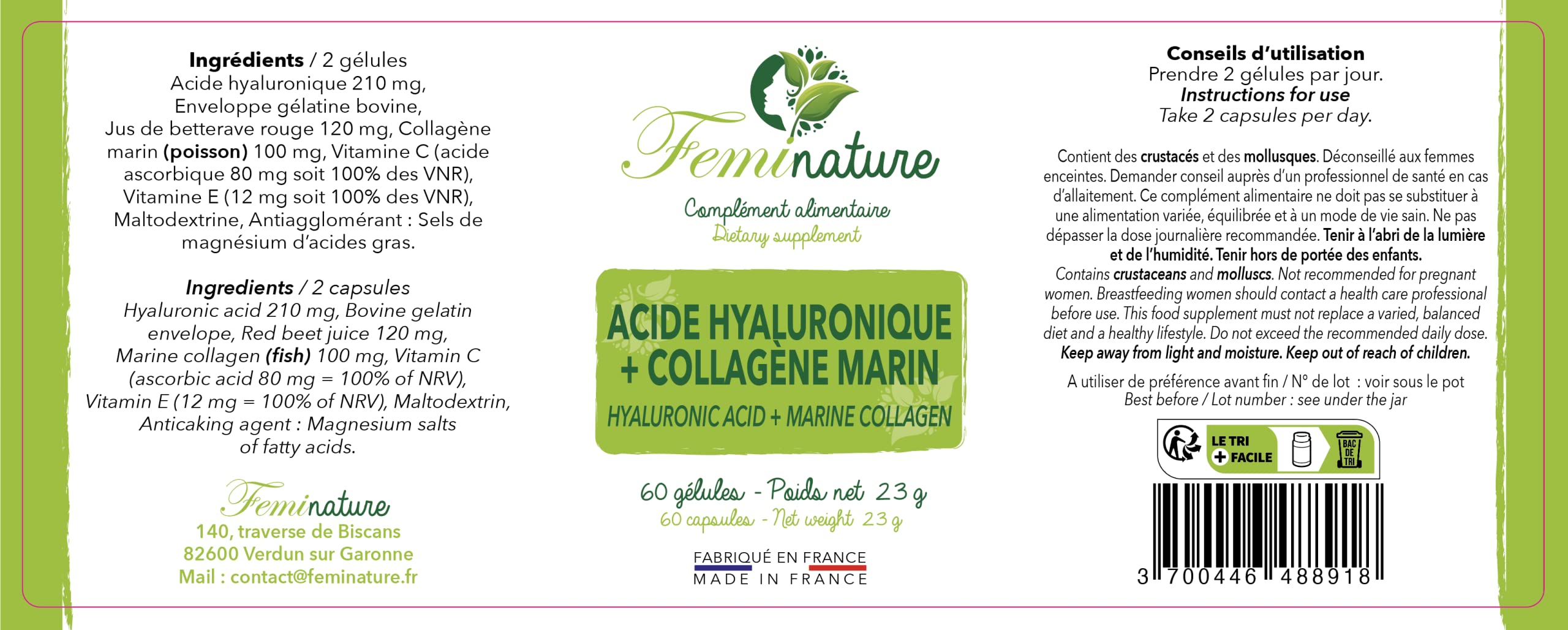 Collagène marin + acide hyaluronique & Hydratation Peau - Santé des Articulations & Vitamines E et C - 60 Gélules & Fabriqué en France par Féminature (3)