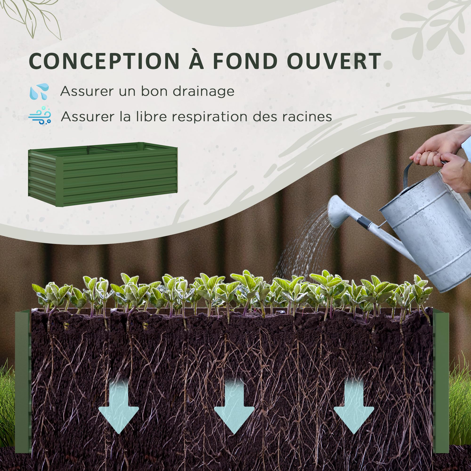 Outsunny Carré Potager de Jardin rectangulaire Tubes de renforcement Acier galvanisé 180 x 90 x 59 cm Vert