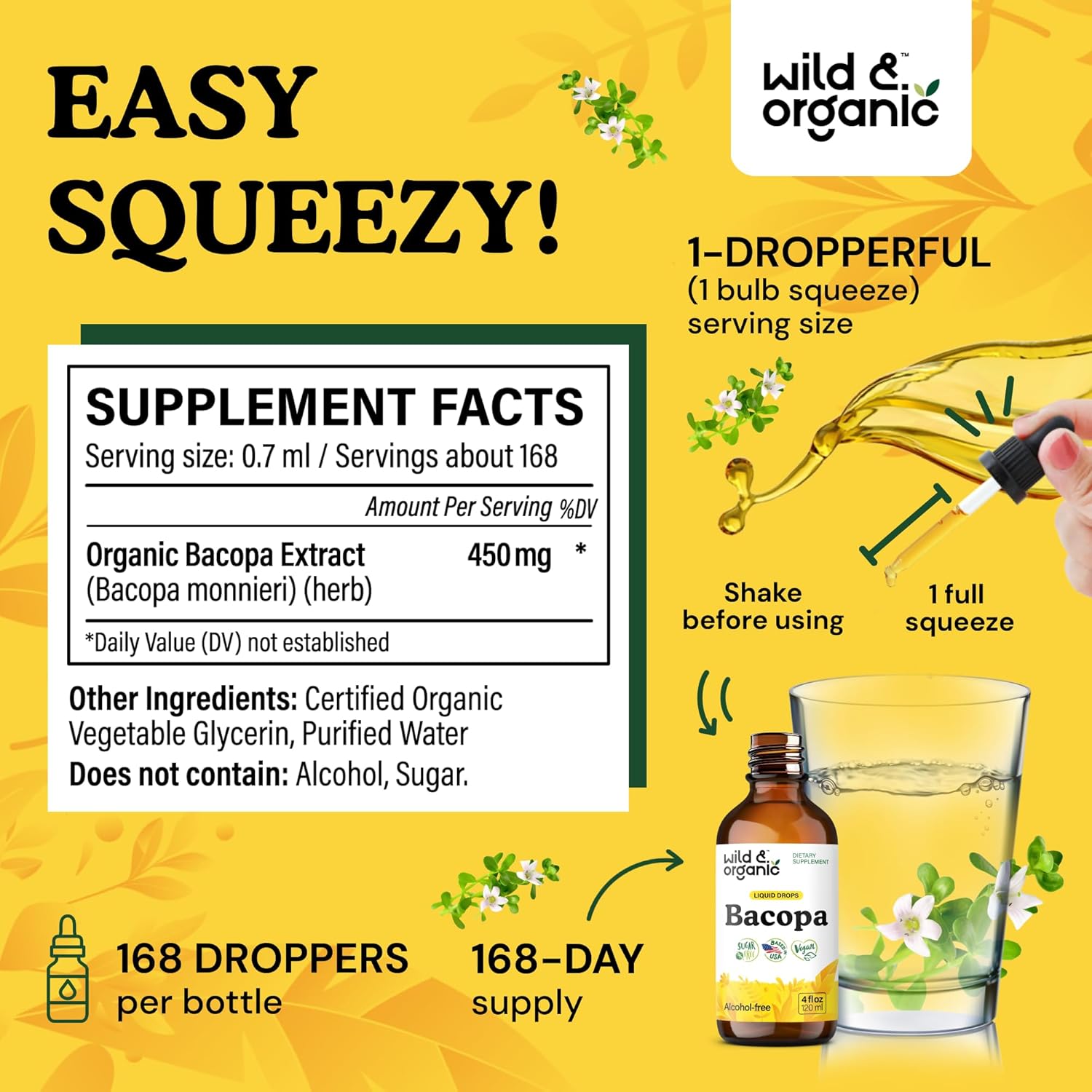 Wild & Organic Bacopa Liquid Drops - Herbal Tincture for Brain Support - Vegan Supplements with Bacopa Monnieri Extract Liquid - 5-Month Supply - Sugar & Alcohol-Free - 4 fl oz - Image 3