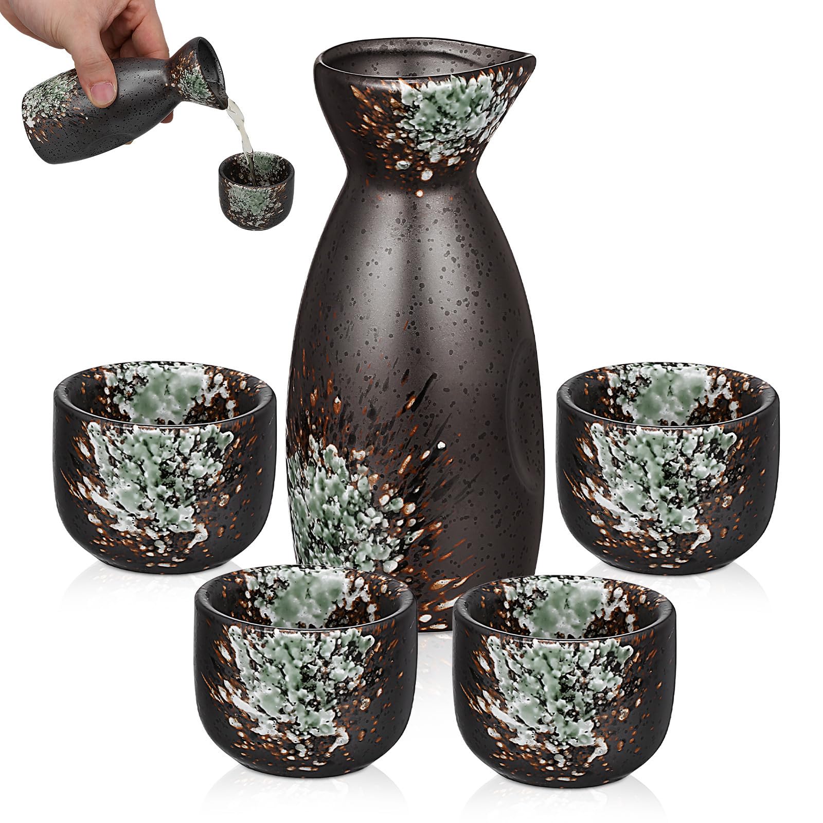 Juego de sake japonés de cerámica con 5 piezas: tetera decorativa y tazas tradicionales