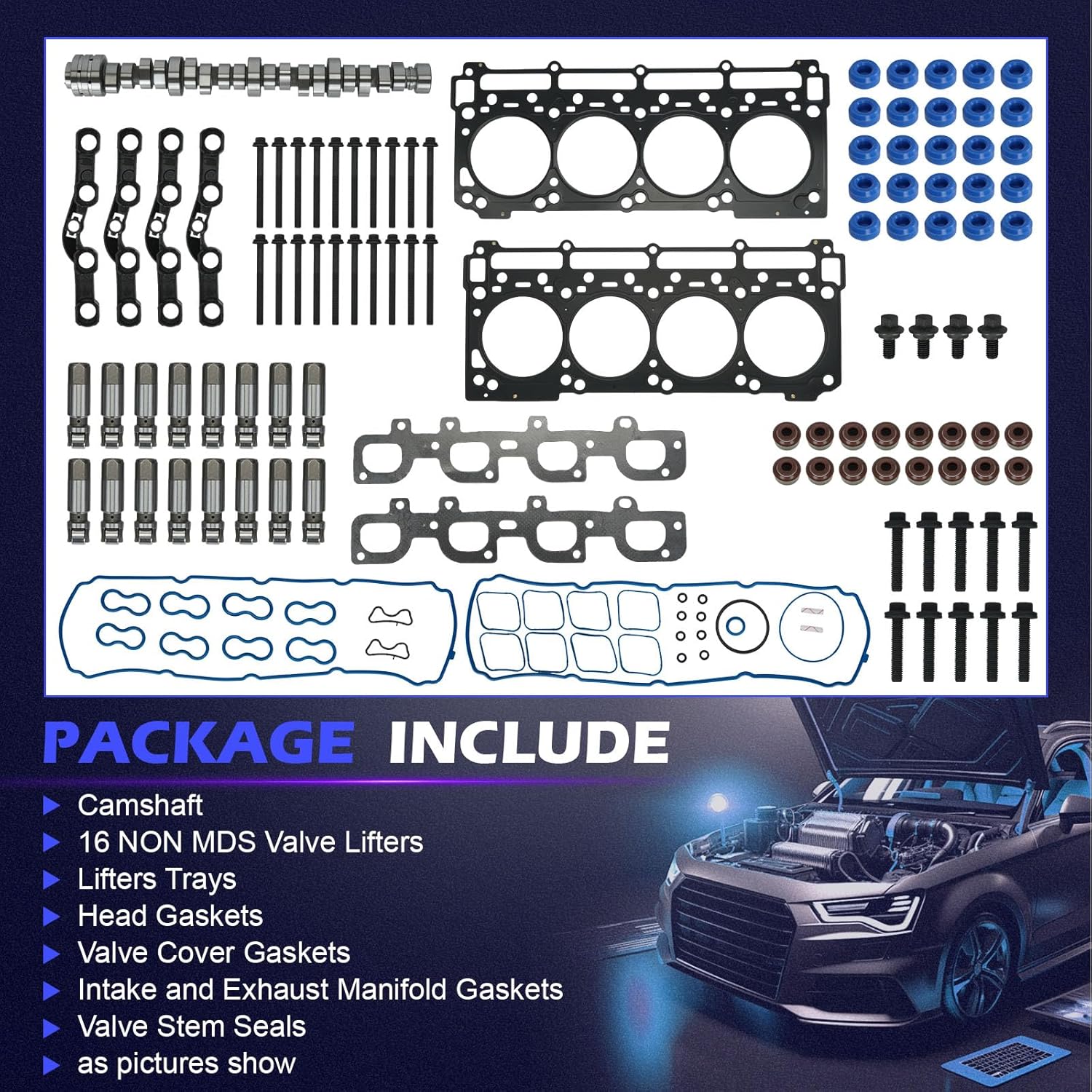6.4 Hemi Non-MDS Camshaft Lifters Kit with Head Gaskets Set - Compatible with Jeep, Dodge Challenger, Charger, Grand Cherokee/Chrysler 6.4L V8 2011-2019 - Replace# 5038419AB, HS26568PT