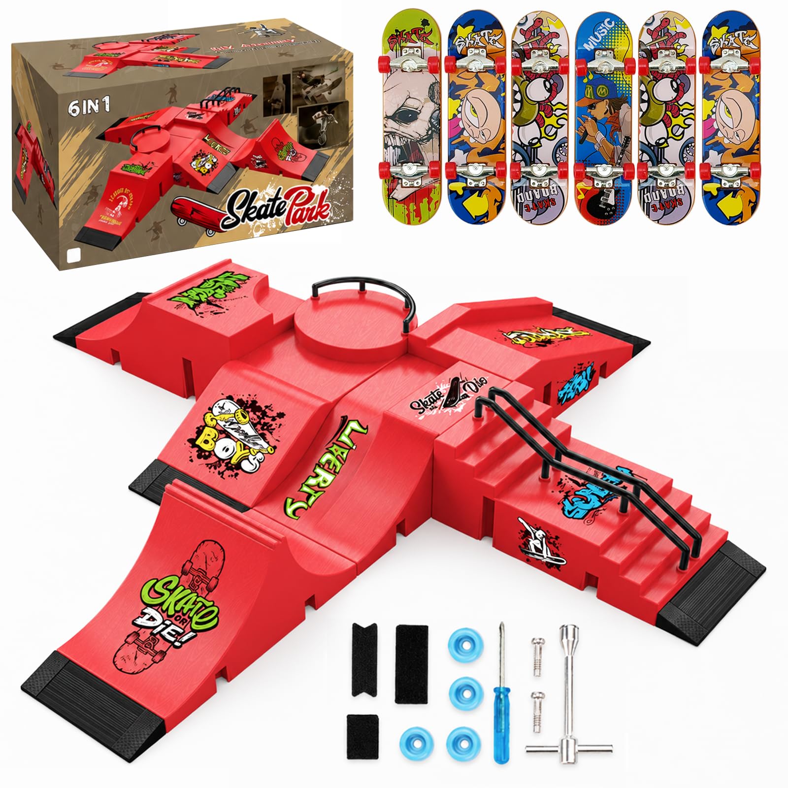 Aloxina 6-in-1 Fingerboard Skatepark Set with 6 Mini Skateboards, 6 Ramps & Display Stand – Fingerboard Toy for Kids and Adults, Birthday Gift (Red)