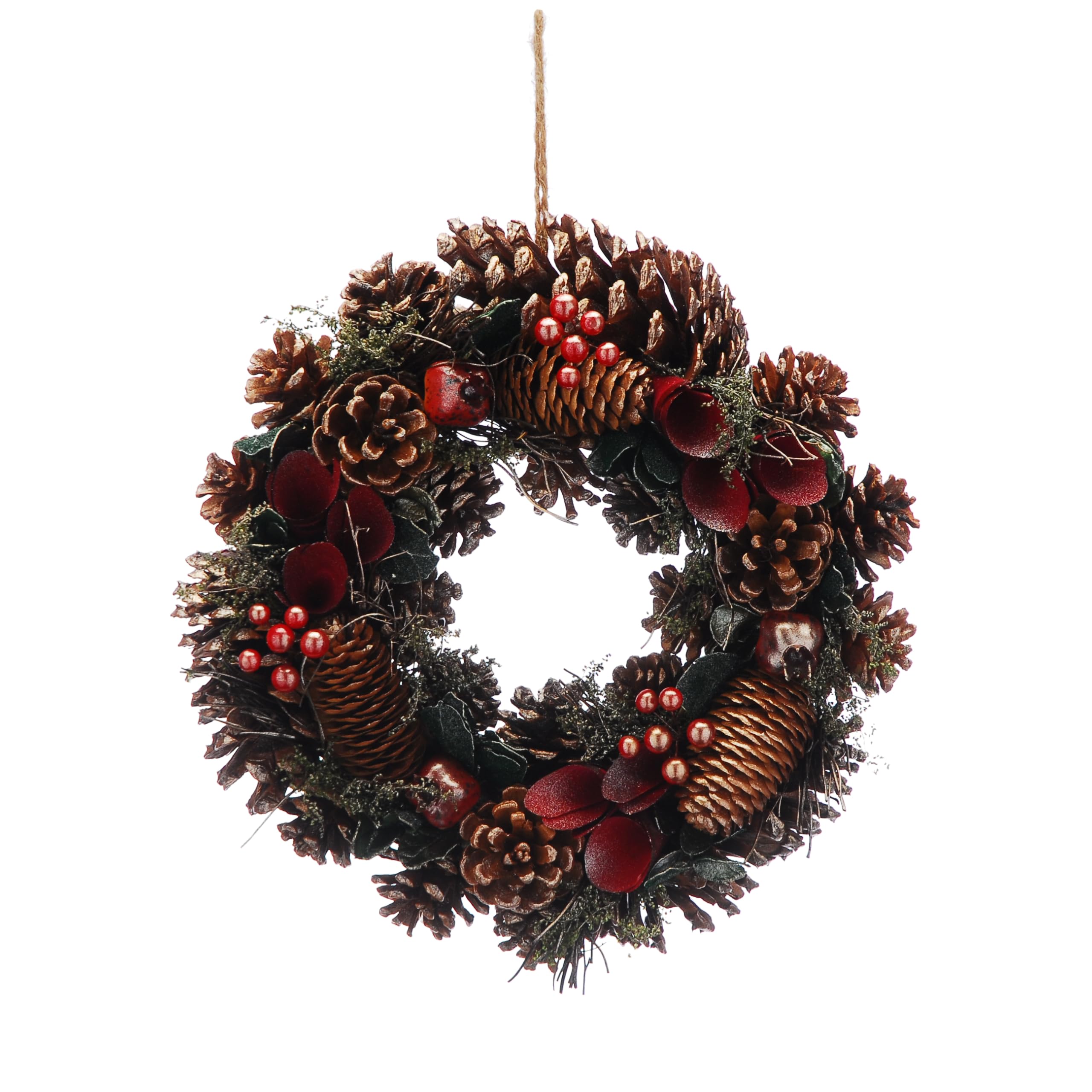Festive Productions 30cm Christmas Wreath with Pinecones, Red Petals, Berries & Greenery – Traditional Festive Door Decoration