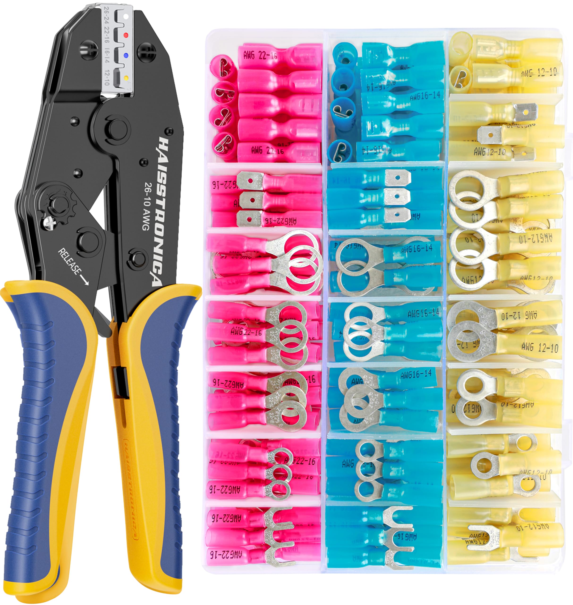 Haisstronica Kit Pince à Sertir avec 280 Connecteurs Thermorétractables – Pince Sertir pour Cosses en Anneau, Connecteurs de Câble, Bornes0,5–6 mm² (AWG22–10)