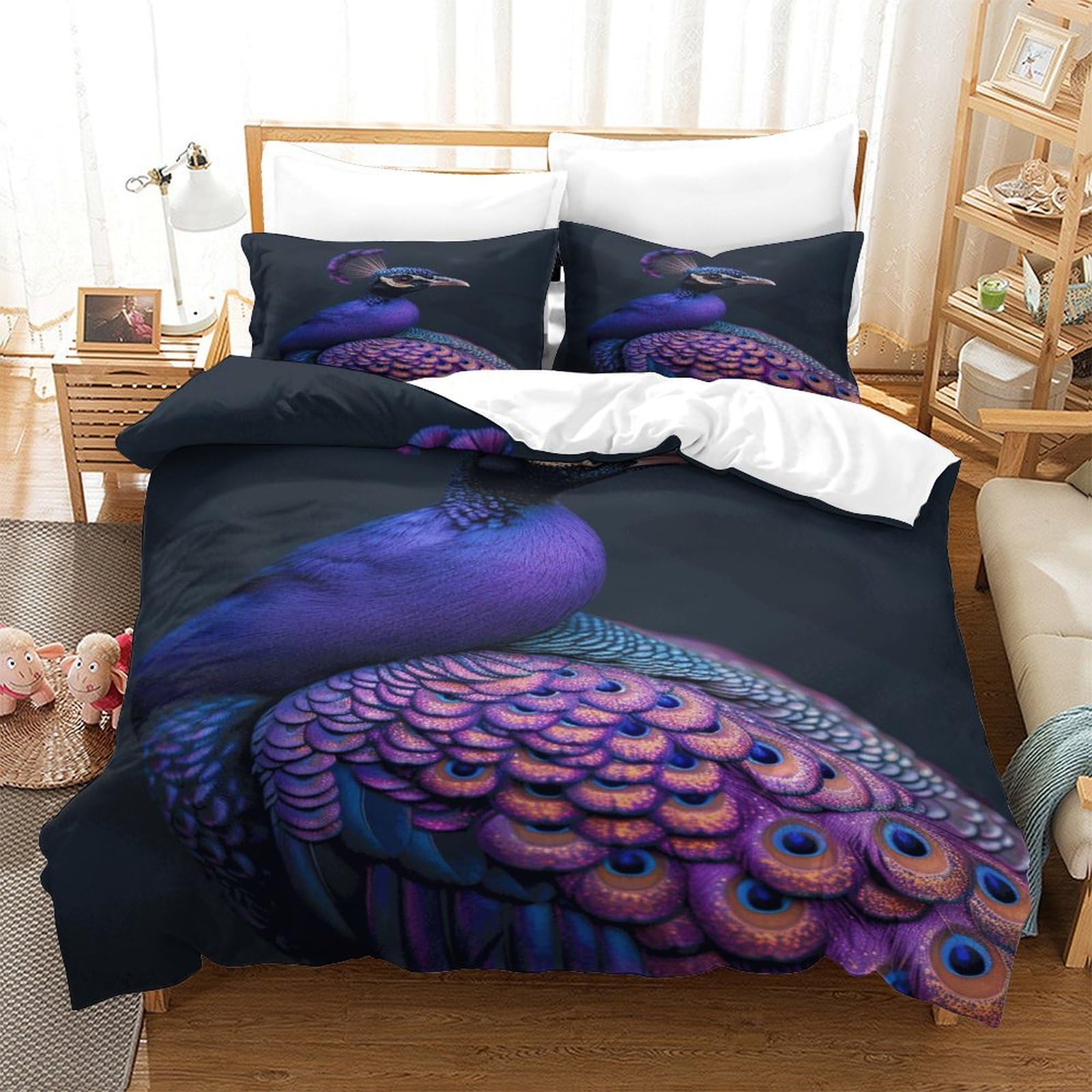P1S9U7W5Y Peacock Feather 3D Printed Duvet Cover Set 3pcs Microfiber Peacock Pattern Bedding Set King（220x240cm）