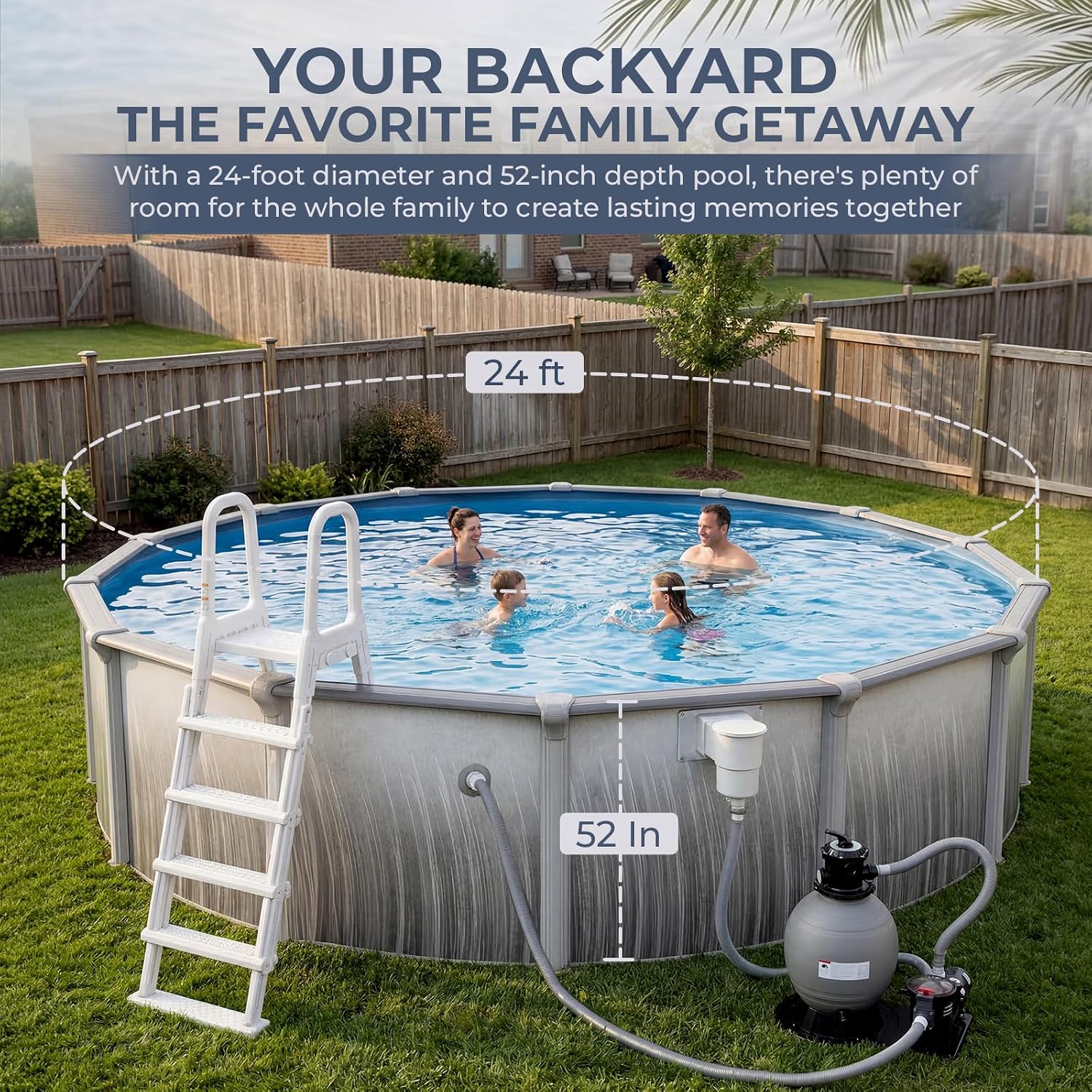 Blue Wave Martinique 24-ft Round 52-in Deep Hard Sided Above Ground Pool Kit with 7-in Steel Top Rails, Dual-Speed Sand Filter System, Ladder, Liner, Skimmer & Maintenance Kit – 12,600 Gallon Cap