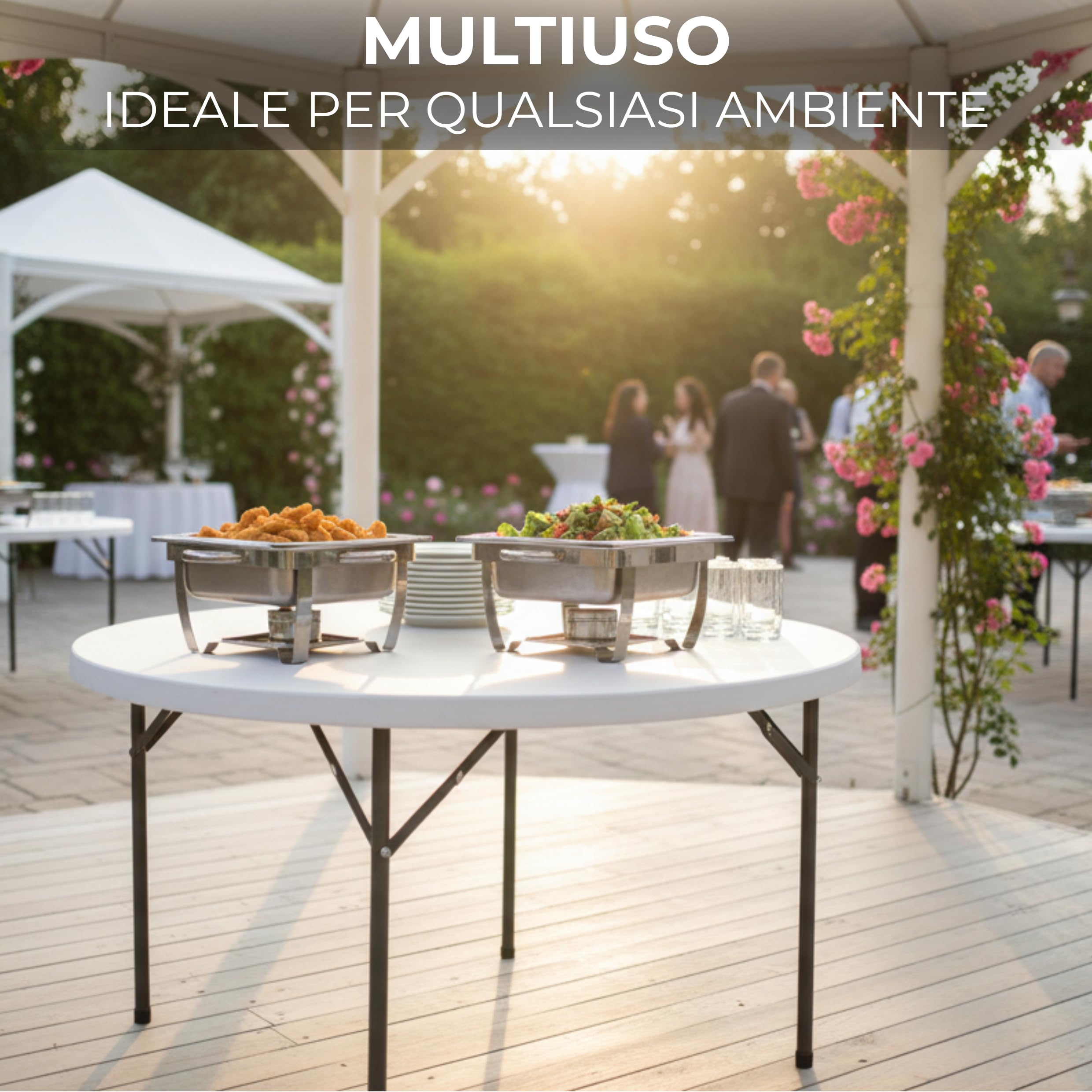 Tavolo Catering Rotondo Struttura in Acciaio e Piano in HDPE ø180x74hcm Ideale per Ambienti Esterni,Interni,Giardino,Bar,Ristorante,Terrazzo,Balcone