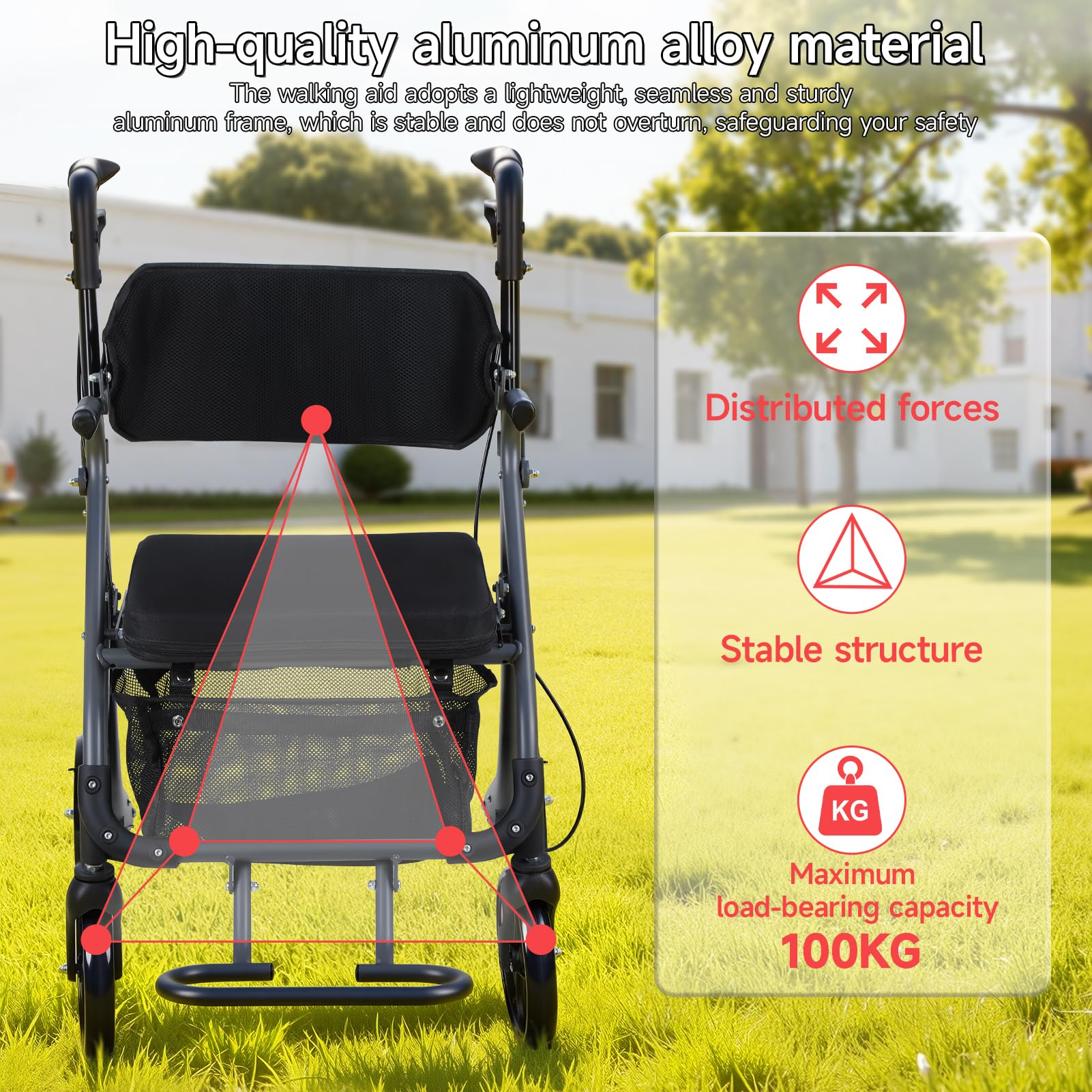 Składany chodzik dla seniorów, chodzik Walker z siedziskiem, torbą do przechowywania i gumowymi kółkami 8", nośność 100 kg, lekki chodzik dla seniorów (czarny)