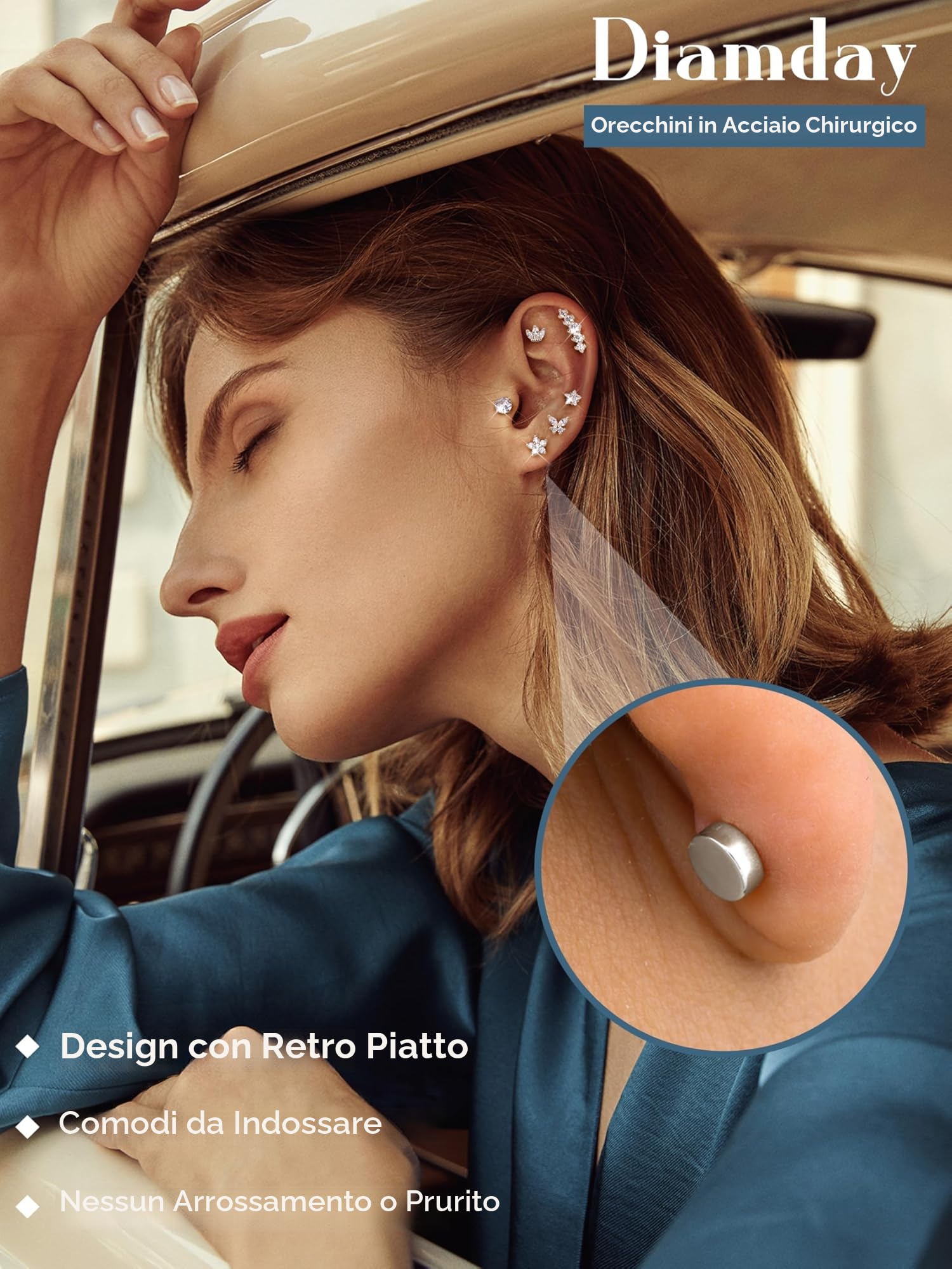 Diamday 9Pcs Piercing Orecchio Acciaio Chirurgico Orecchini Donna Anallergici Helix Trago Piercings Set Orecchini Cartilagine Argento Oro Piercing Helix Trago Conch Gioielli