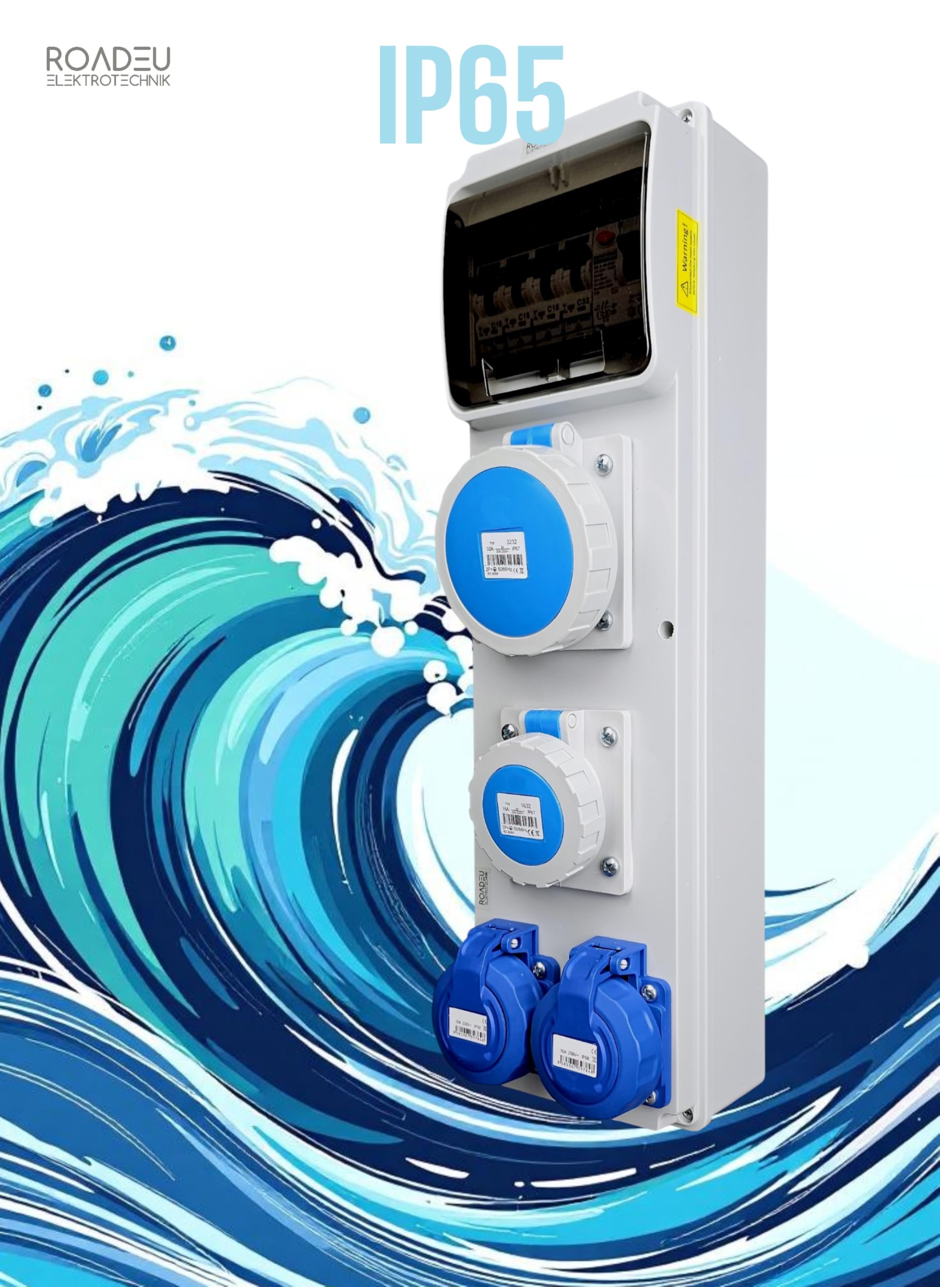 RoadEu Cuadro eléctrico 230V IP65 con diferencial 40A 30mA y magnetotérmicos | 1 toma CEE 32A, 1 CEE 16A y 2 Schuko | precableado para obra, taller y exterior