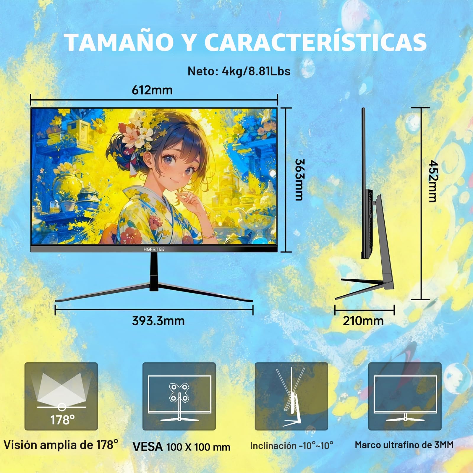 Monitor 27 Pulgadas 4K UHD (3840×2160), Monitor PC IPS con HDR10, 100% sRGB, 60Hz, 1ms MPRT, Pantalla Ordenador con HDMI y DisplayPort, VESA 100×100 mm, Marco Ultrafino para Oficina y Multimedia