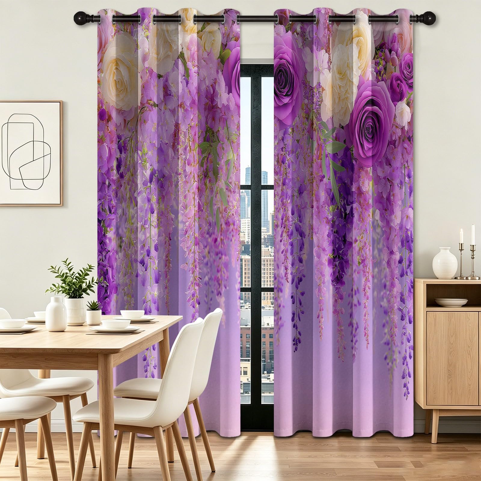Générique Wiejskie kwiaty glicynia róże zasłony zaciemniające zestaw 2 sztuk, 91,5 l x 214 cm, izolacja termiczna do pokoju weselnego Pokój dziewczęcy Balkon, francuska romantyczna zasłona, redukcja