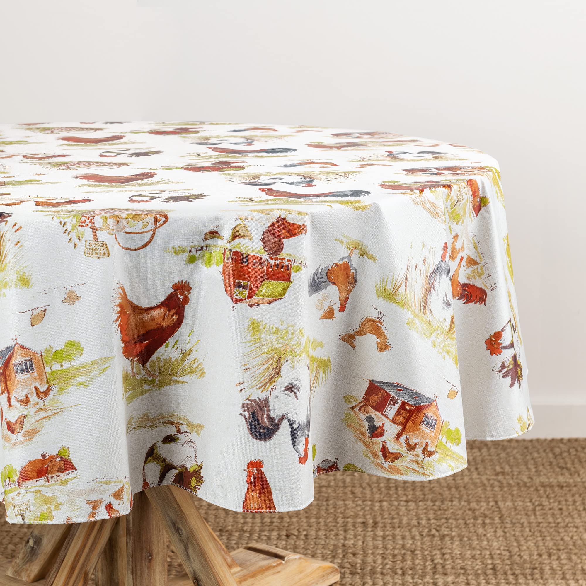 Elrene Home Fashions Vintage Rooster Farm Water- and Stain-Resistant Vinyl Tablecloth with Flannel Backing, 60"x84" Oval