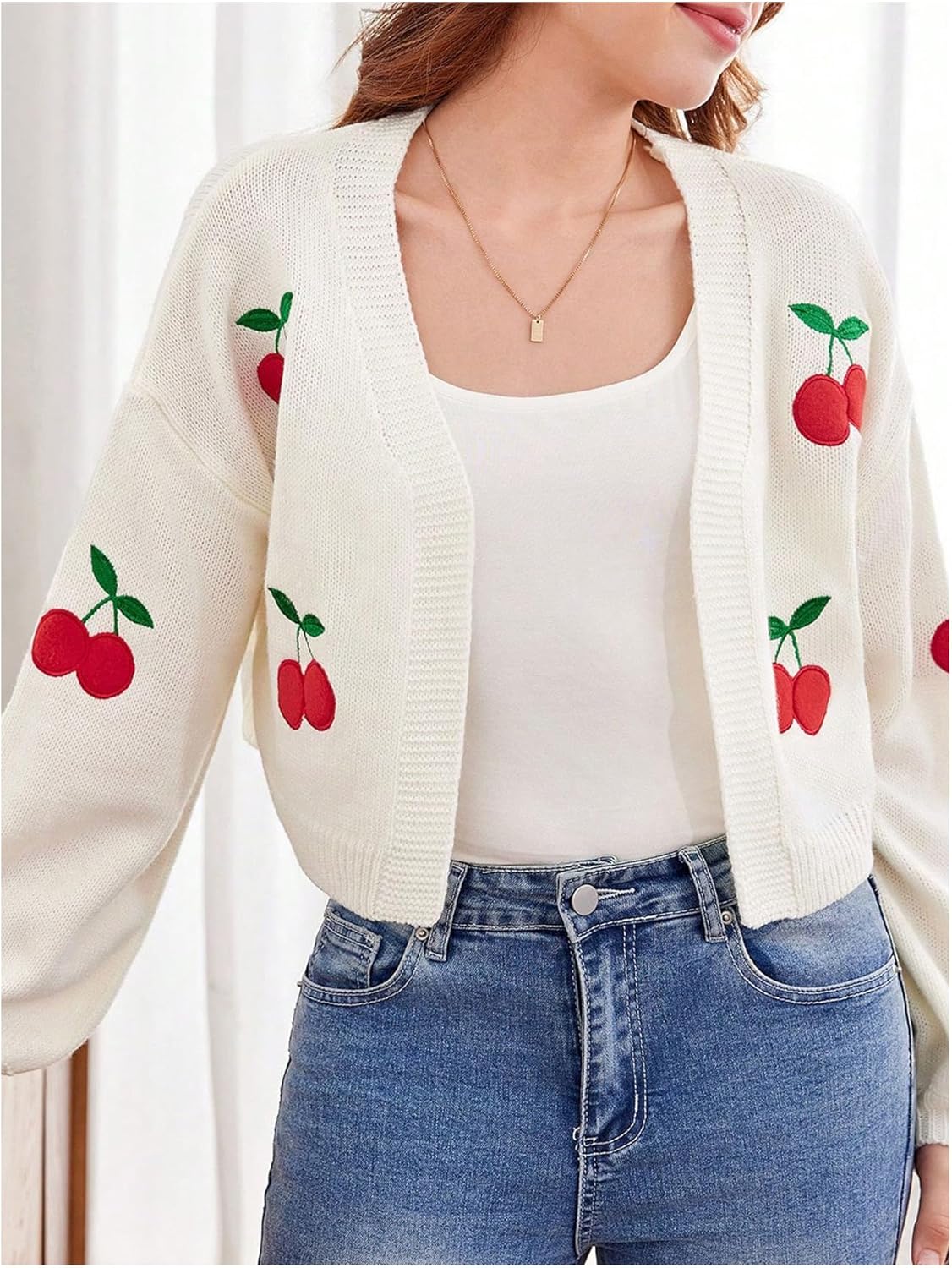 SHENHE Girl's Cherry Cardigan Open Front Embroidered Lantern Sleeve Cropped Cardigan Sweater - Image 5