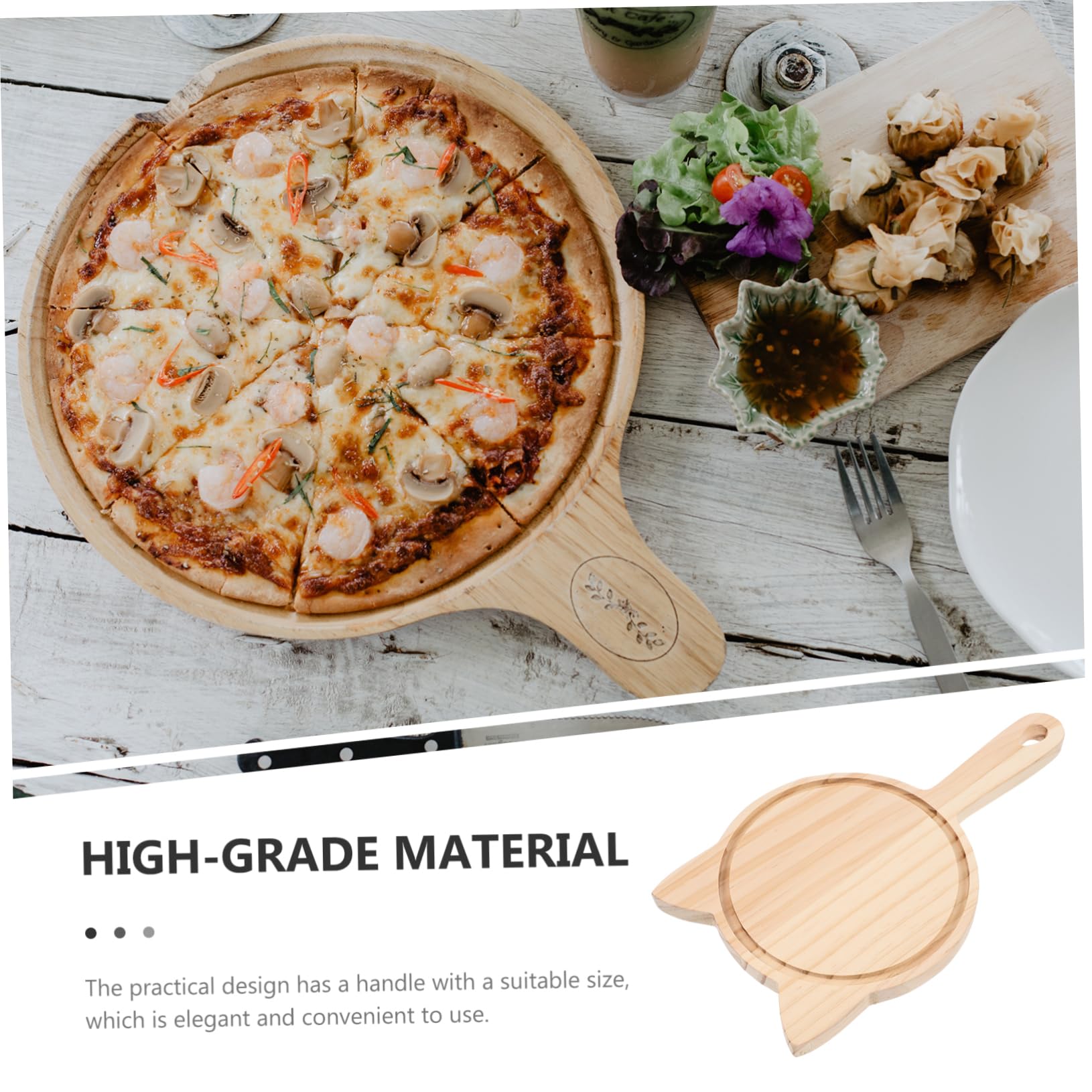 NAMOARLY Premium Wood Pizza Serving Board Handle Round Cheese Plate Food Holder for Buffet Outdoor Kitchen Use