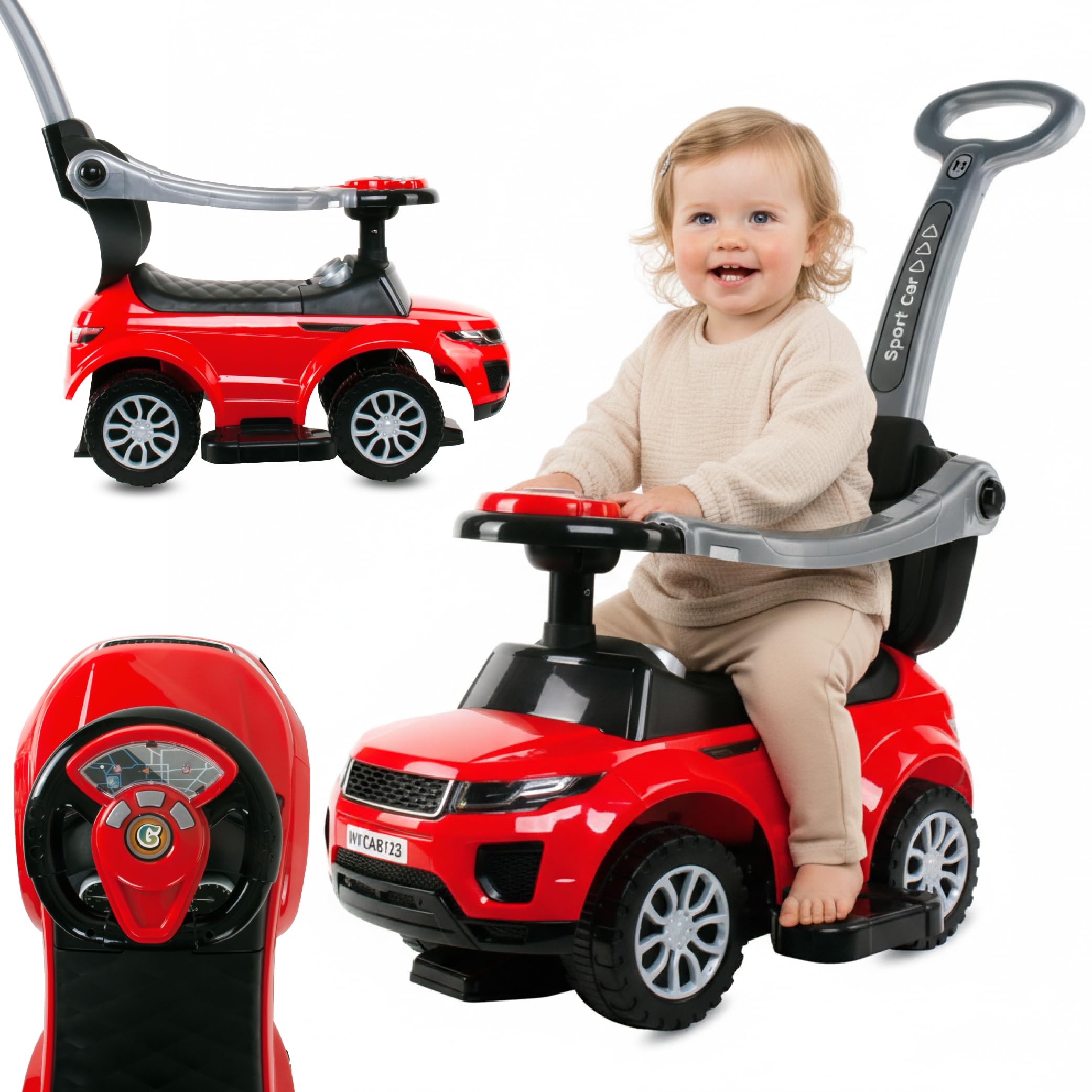 Auto a spinta per bambini 4in1, scivolo a partire da 1 anni, con clacson e musica, spazio per riporre i bagagli sotto il sedile (Rosso)