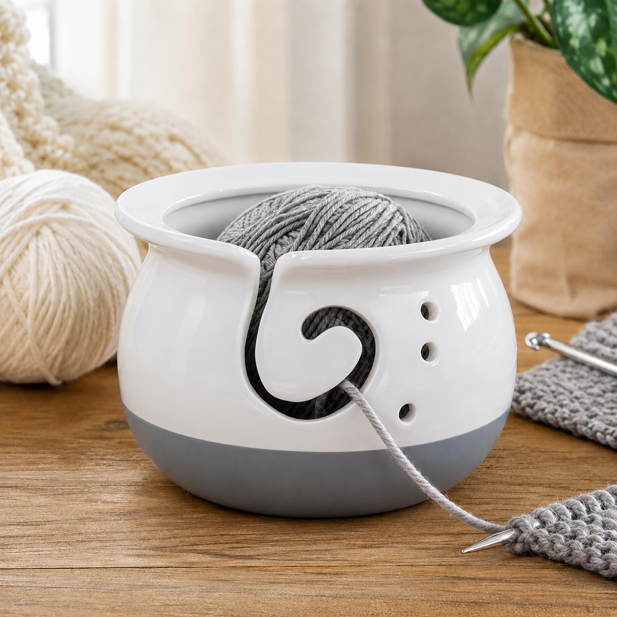 Ceramic Yarn Bowl for Knitting & Crochet - Yarn Holder (White)