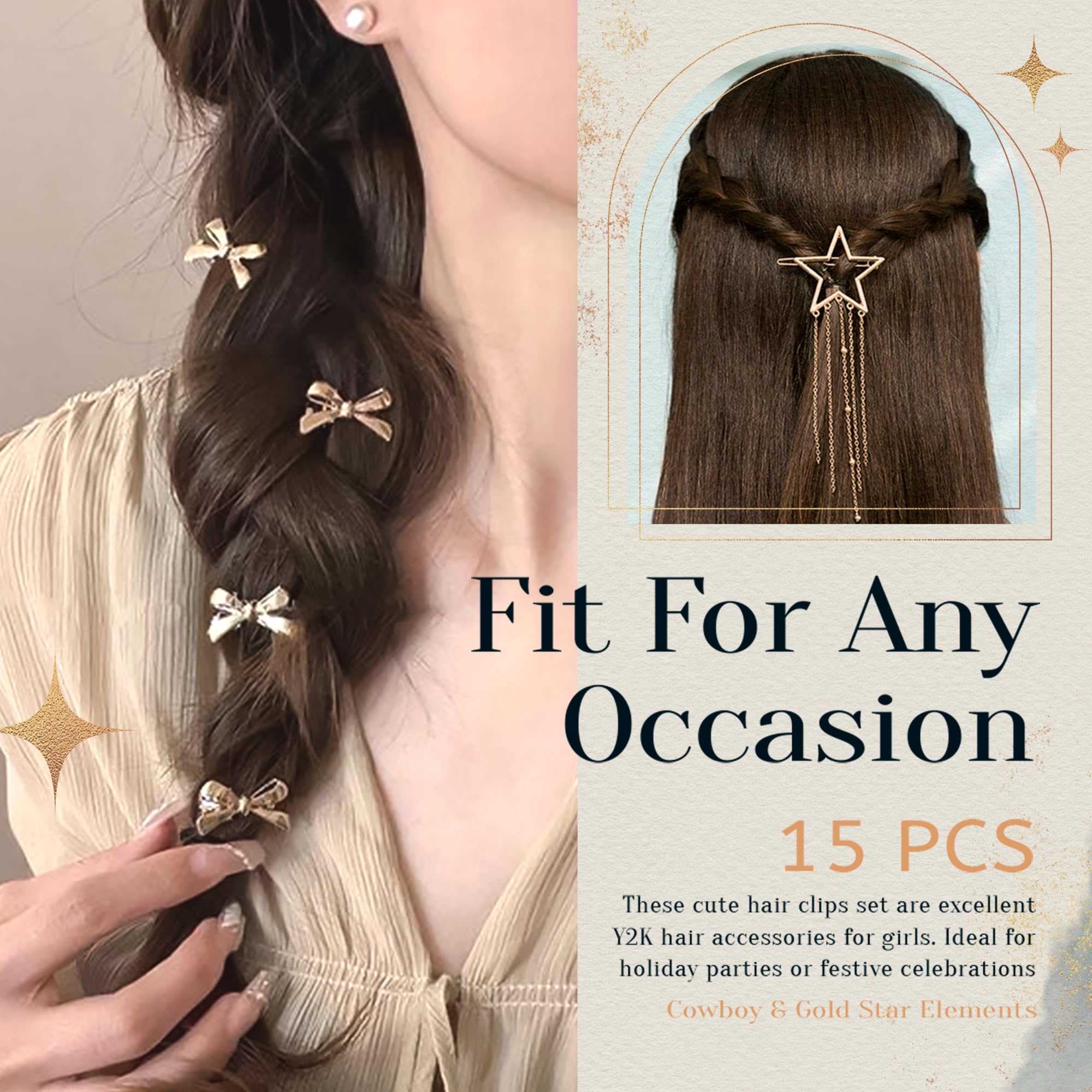 Arocooy 15PCS Gold Star Hair Clips Cute Hair Bows Pentagram Pendant Metal Claw Clips Mini Non Slip Alligator Hair Clip Cowboy Y2K Hair Accessories for Women Girls 2