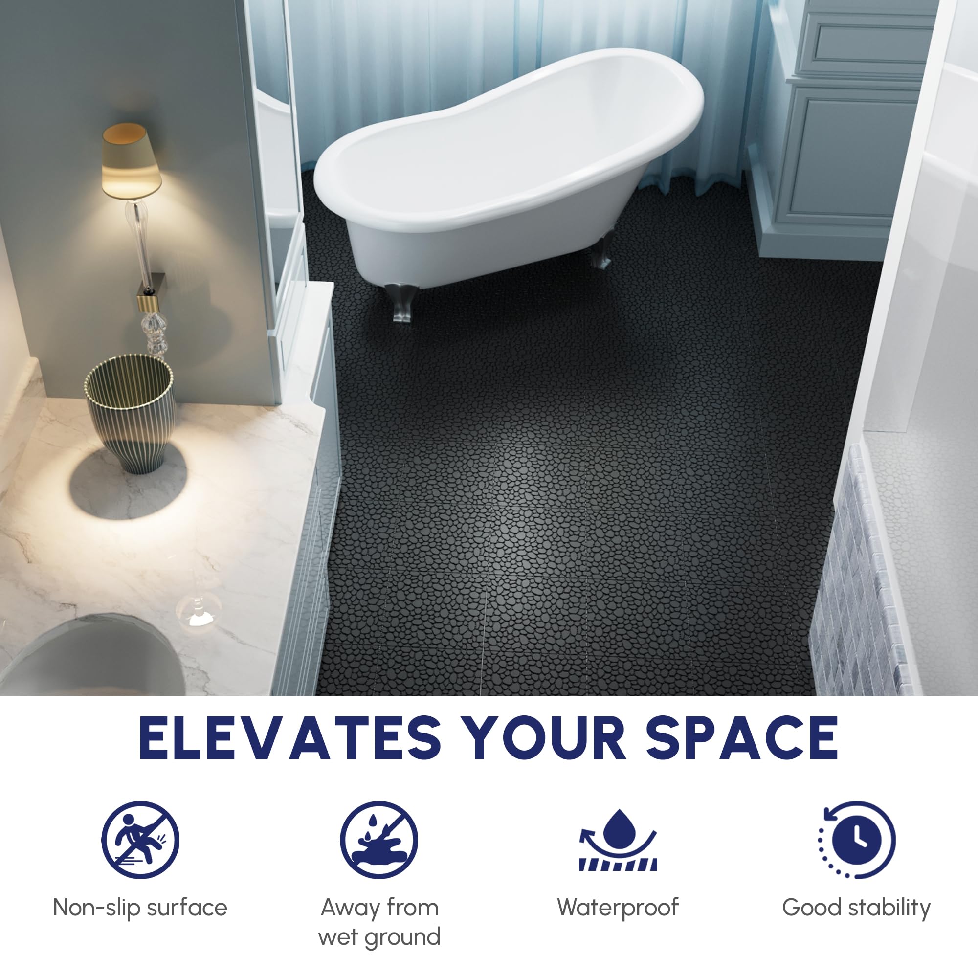 Condition photo showing New/Like New for 60 pcs floor tiles, pebble pattern plastic interlocking deck tiles, 12" x 12" patio tile outdoor interlocking all weather, outdoor waterproof flooring for bathroom shower, balcony, porch, black