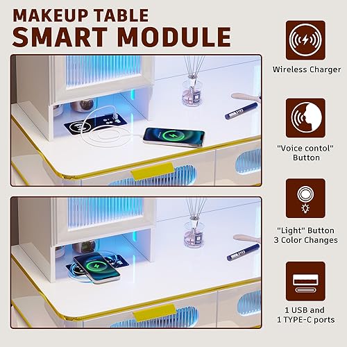 Miniatura 2 de Escritorio LED con espejo y luz, escritorio de maquillaje con estación de carga 3 en 1, juego de tocador con taburete tapizado, mesa de maquillaje