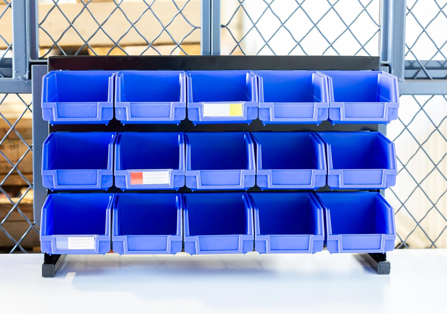 Heavy Duty Storage Bin Set & Steel Panel for Hanging Bin, Bench Mountable Steel Rolled Panel, 15 Bins included, Great for organzing Tools, Parts, and More. (20" x 13" Bench (15 Bins))