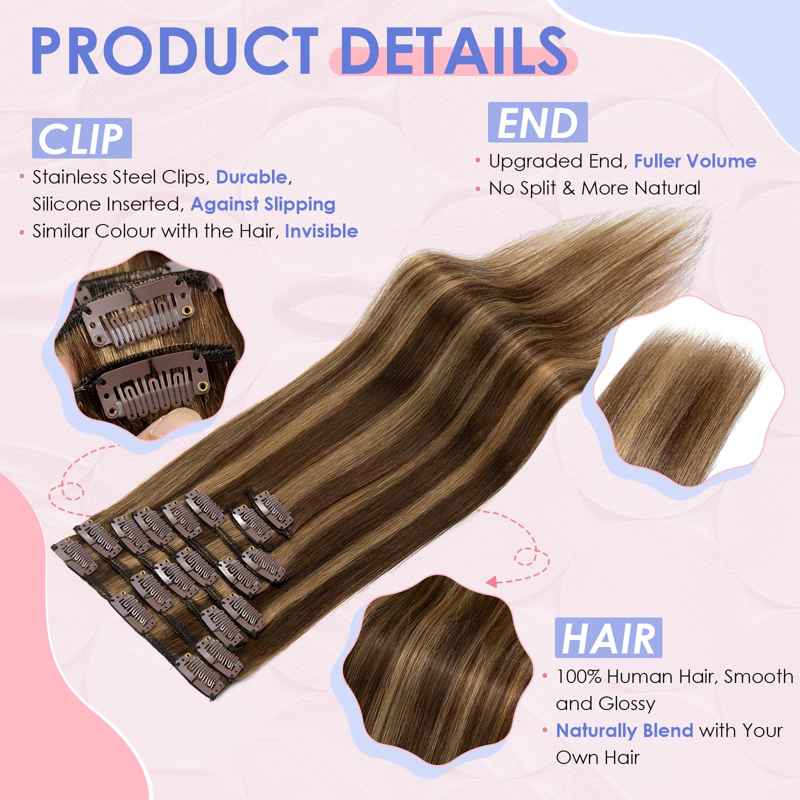 Elailite Clip in Hair Extensions Real Human Hair Remy Hair Full Head #4/27 Medium Brown Mix Dark Blonde 12 Inch 8 Pcs Invisible Thin Weft Highlighted - Image 3