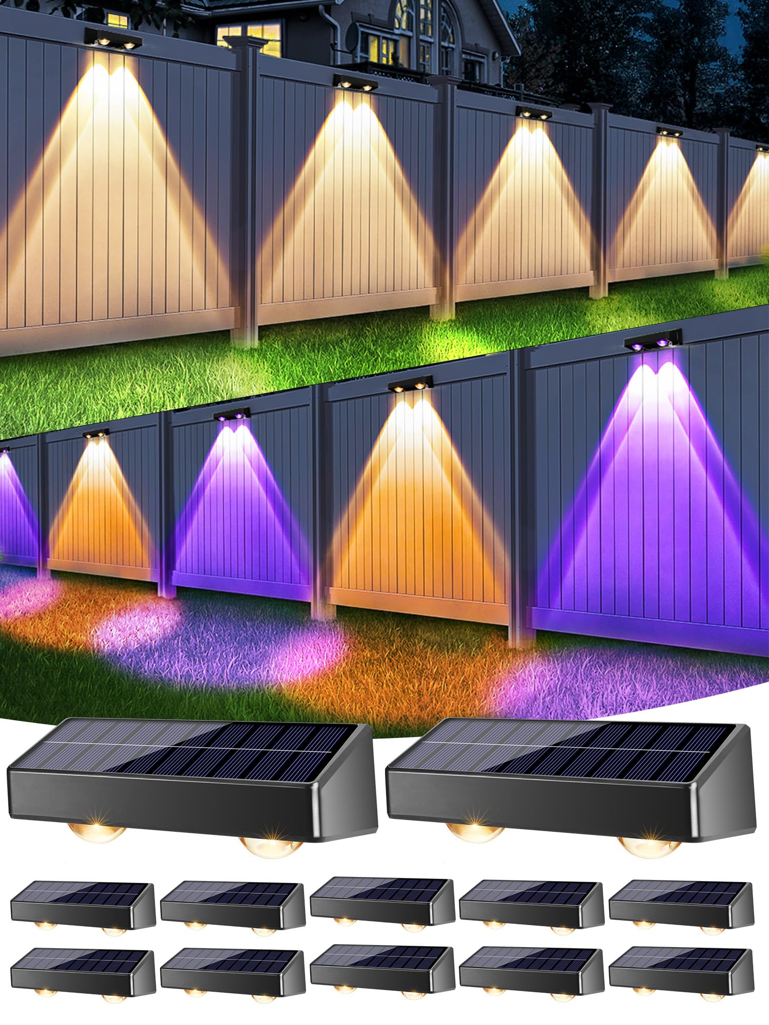 brizled 12 pack solar fence lights, rgb + warm white + cool white outdoor solar wall lights, 11 modes color changing deck light ip65 waterproof outdoor lighting for railing wall deck fence stair