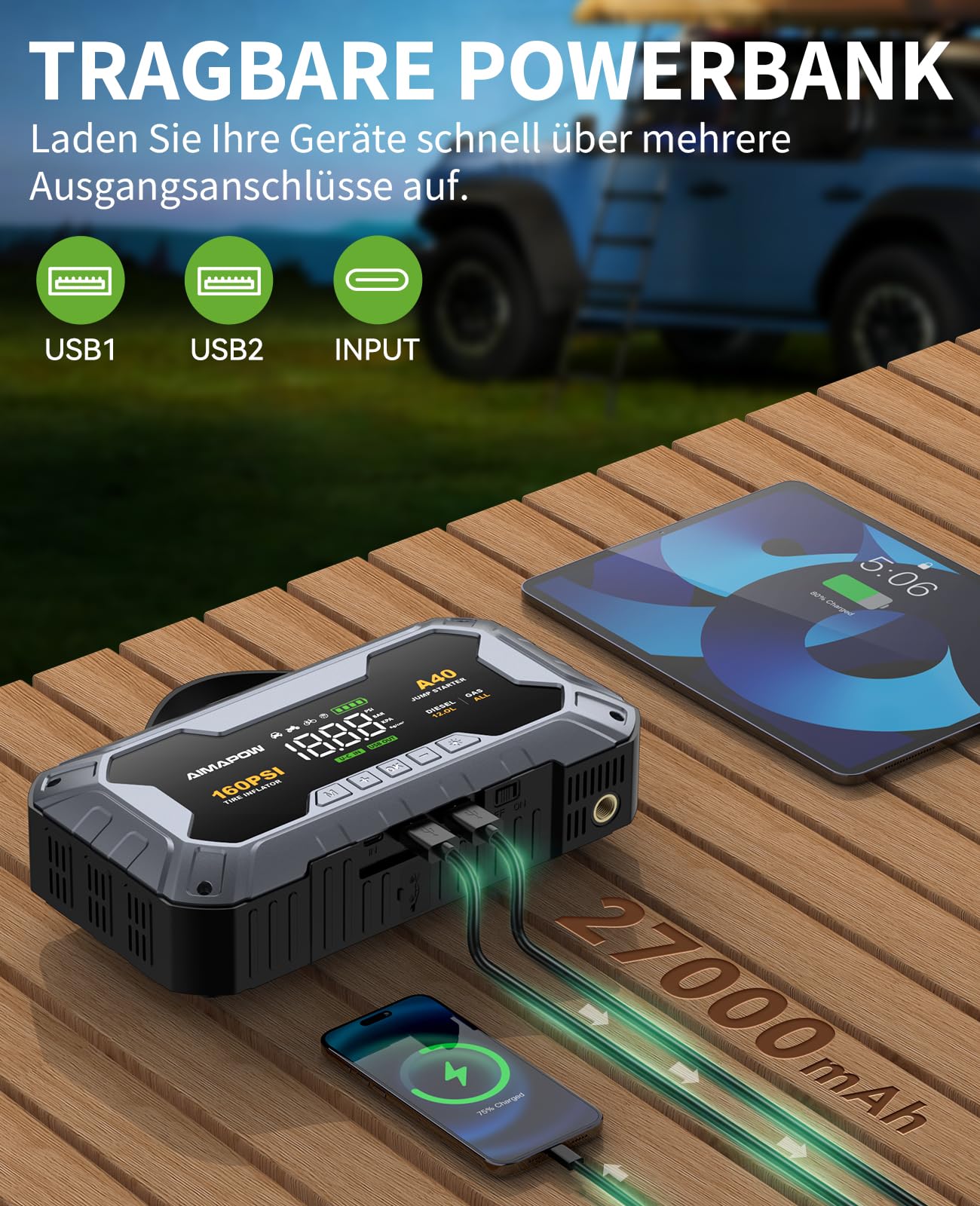 AIMAPOW Starthilfe Powerbank für Pkw mit Kompressor 8000A 160PSI Auto Starthilfe Powerbank für All Benzin und 12.0L Dieselmotor,Starter Powerbank Eingang/Ausgang und 600LUM LED-Licht