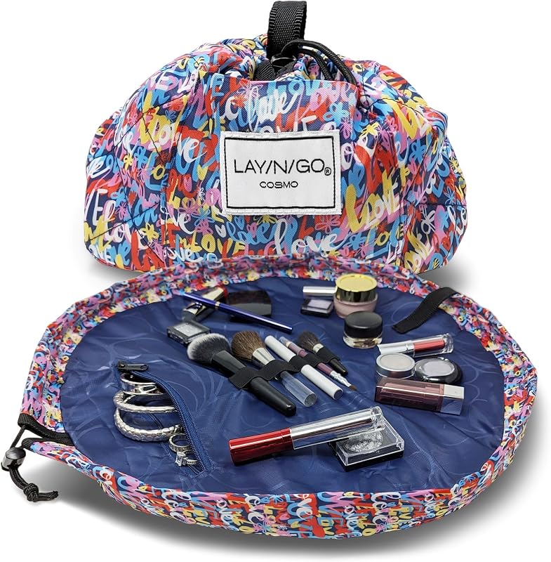 Necessaire de maquiagem Lay-n-Go Cosmo com cordão, bolso com zíper e alças para pincéis, modelo Love, 20 polegadas