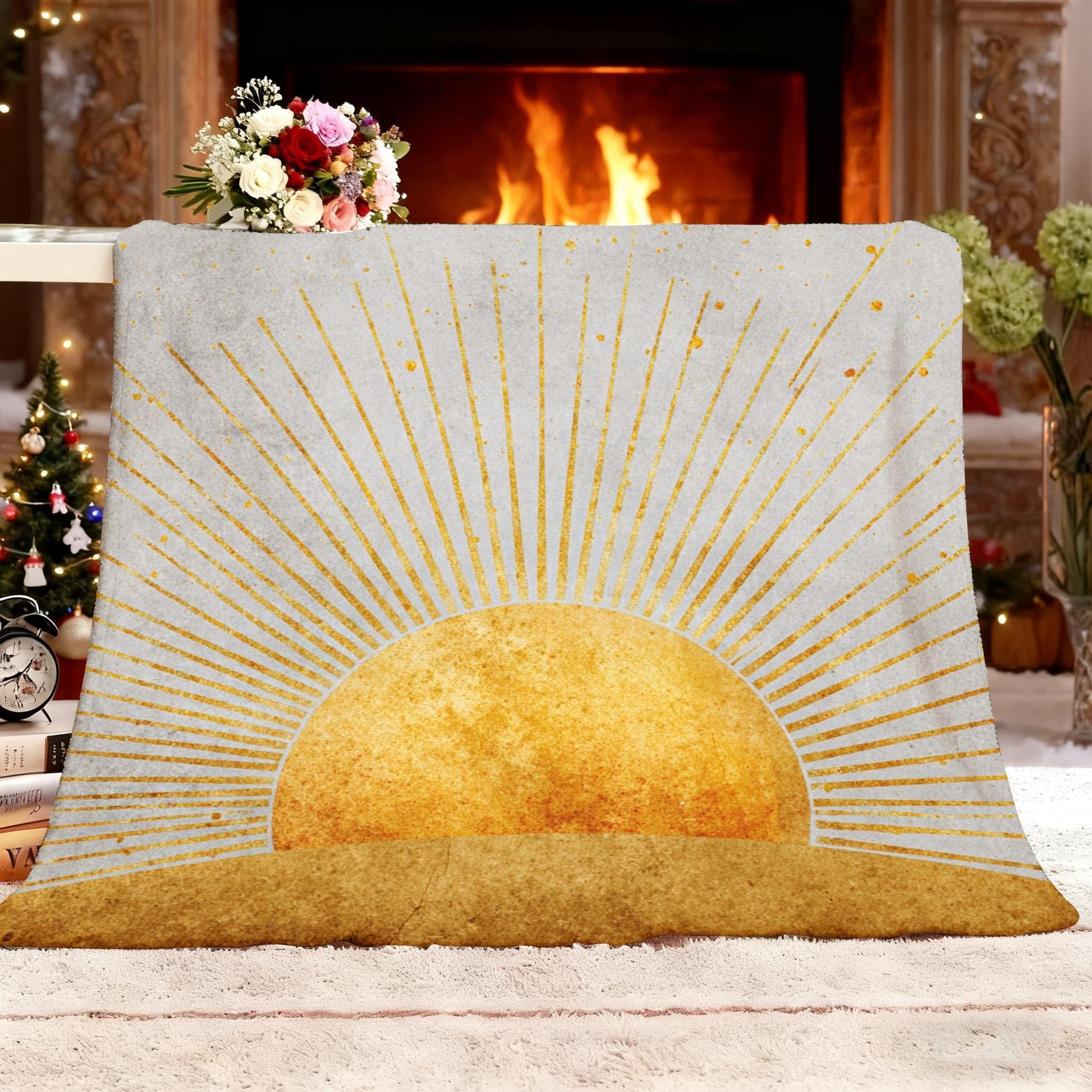 Sherpa Fleece Blankets Fuzzy Warm Throw Blanket 55"x70" Abstract Sunrise Print Super Soft Reversible Flannel Blanket Anti-Static Yellow Plush Cozy Bedding Throw Home Decor All Seasons