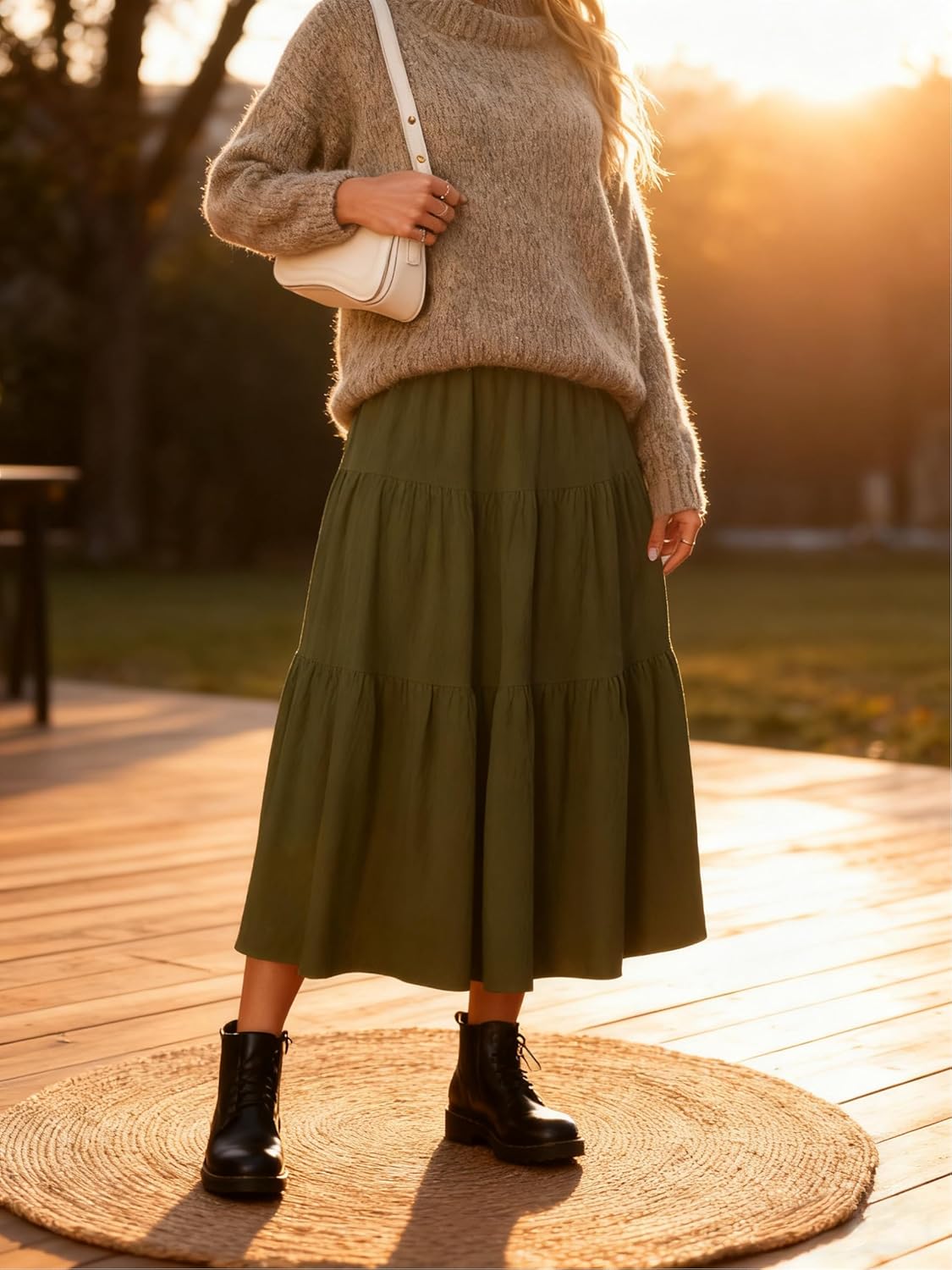 Kingfancy Women's Boho Midi Skirt A-Line Ruffle Elastic High Waist Tiered Flowy Skirts - Image 4