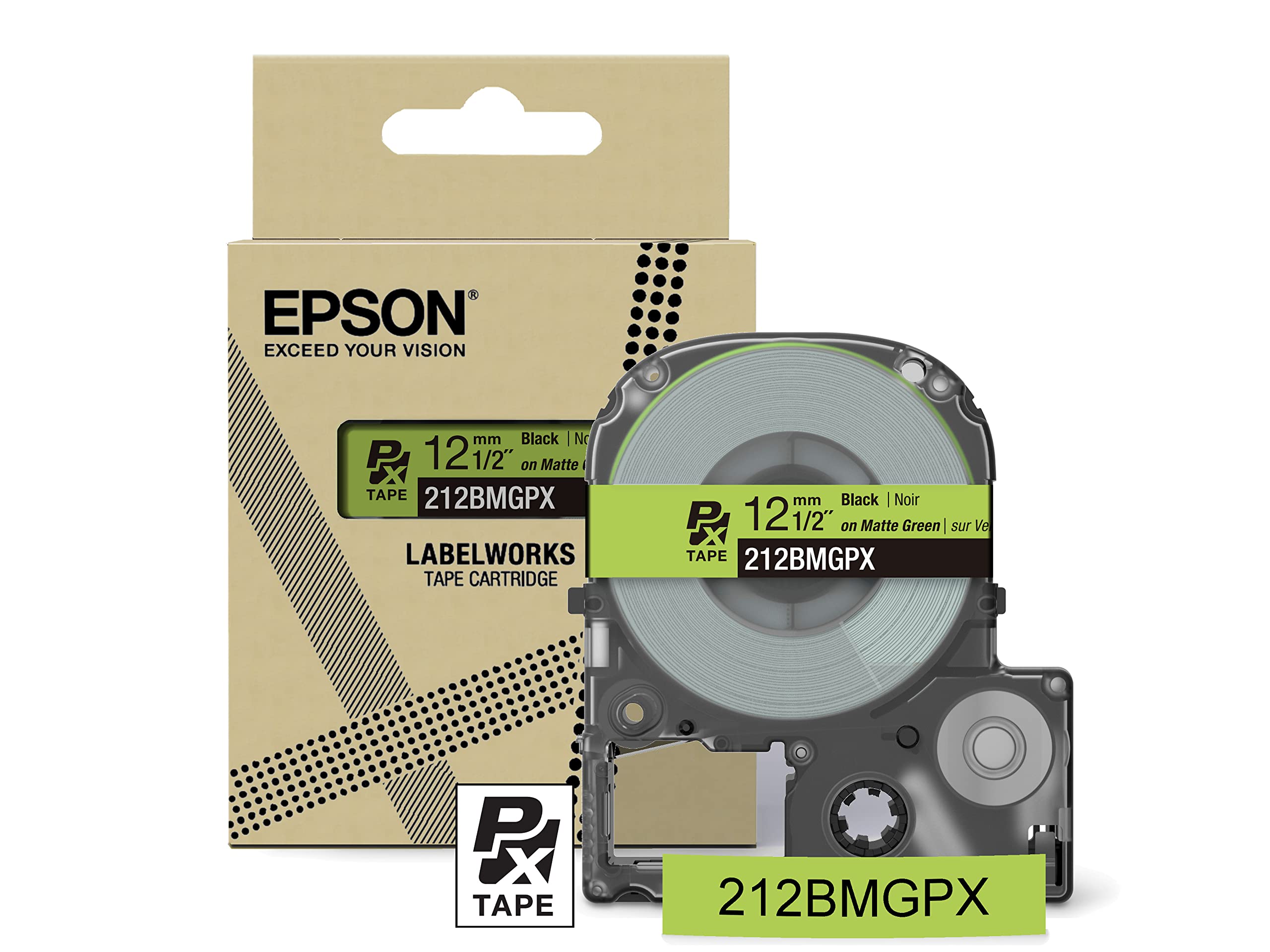 Epson LABELWORKS 212BMGPX Genuine PET (Polyester) Tape Cartridge - Black on Matte Green Designer Craft Label Maker Tape - 1/2" (12MM) Wide, 26'