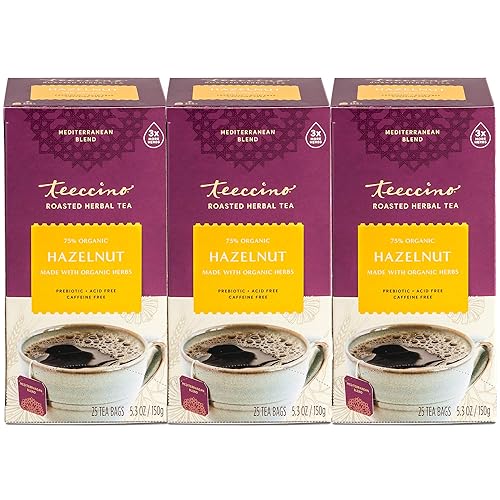 Teeccino Té de hierbas avellana té de hierbas rico y tostado que no contiene cafeína y prebiótico para energía natural 25 bolsas de té paquete de 3
