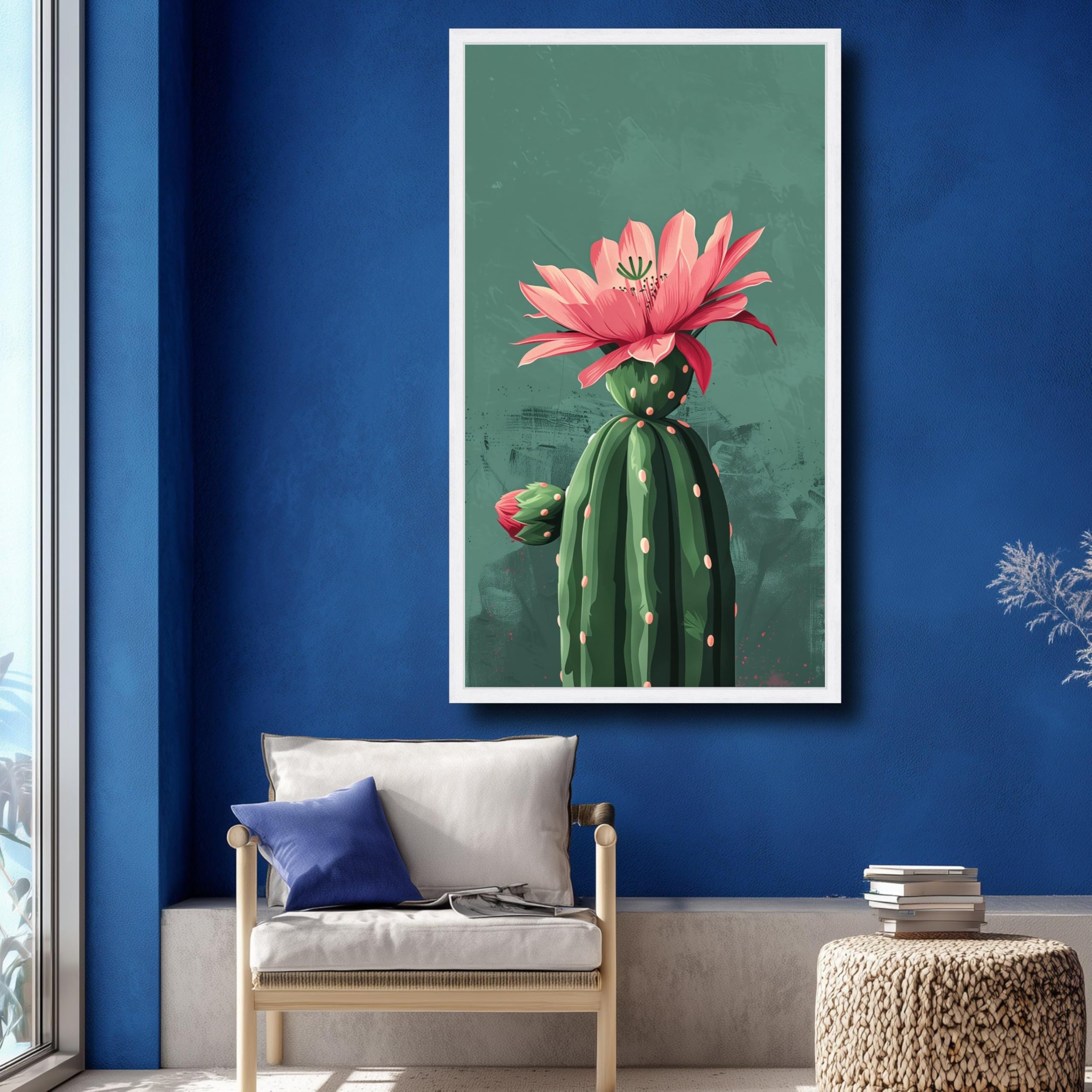 XINBAO Kwitnący kaktus płótno, kwiat pustyni sztuka ścienna, sukulenty wydruki botaniczne, nowoczesny obraz natury, akcent do dekoracji domu (60 x 105 cm / rama wewnętrzna)