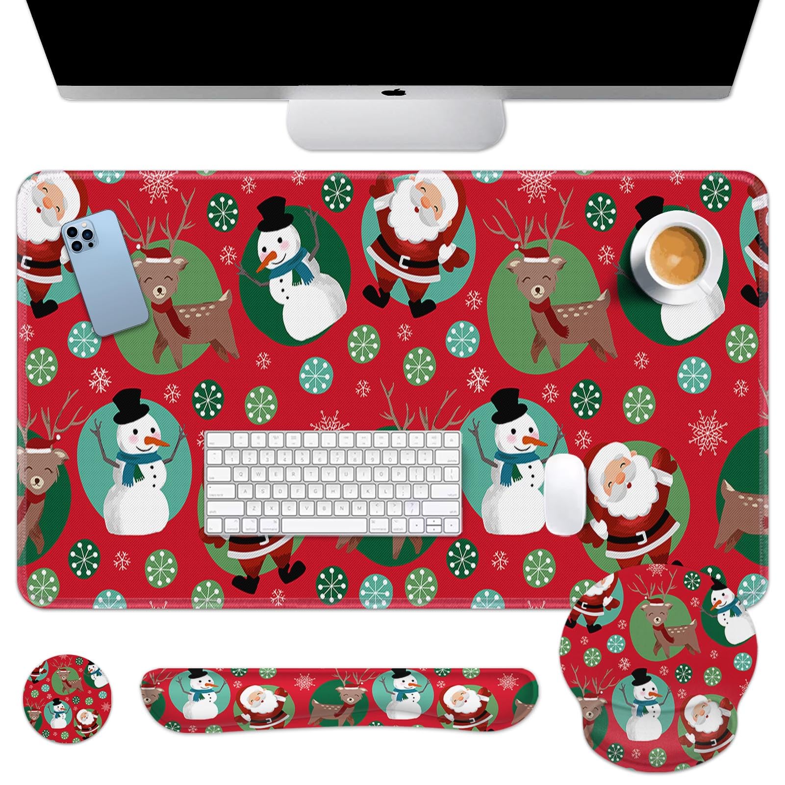 Britimes Tastatur-Mauspad-Set "Merry Christmas", Schneemann, Weihnachten, 4-in-1, großes Mauspad + Tastatur-Handgelenkauflage, Maus-Handgelenkauflage, Untersetzer, ergonomisches Design für Heimbüro,
