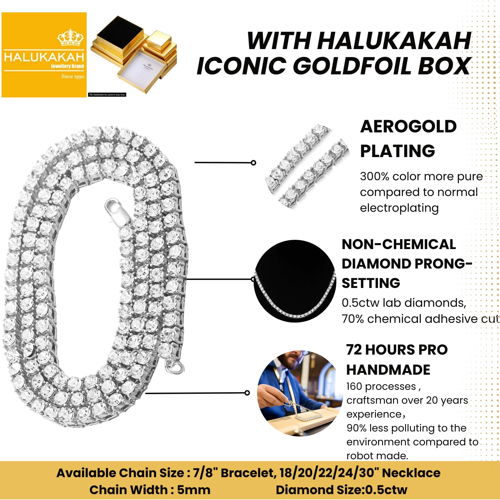 HALUKAKAH Catena da Tennis Uomo Iced out,5.5mm/3mm Catena d'oro Oro Reale 18k/Oro Bianco Platino/Placcato Nero Rodiato Bracciale Collana Girocollo,Diamanti da Laboratorio Set a Mano,Regalo per Lui